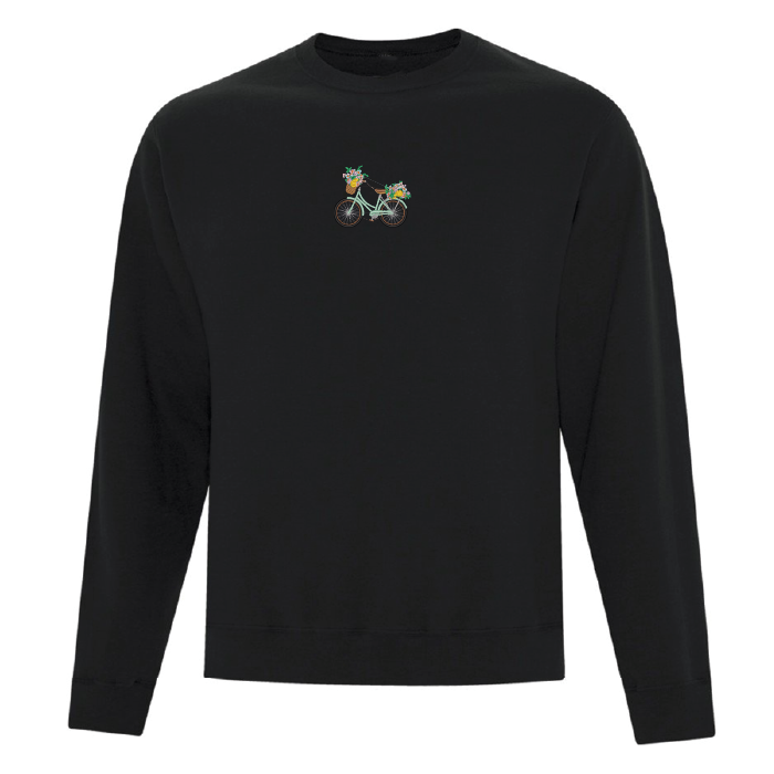 crewneck noir avec broderie de vélo vintage et paniers à fleurs