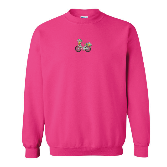 crewneck rose foncé avec broderie de vélo vintage et paniers à fleurs