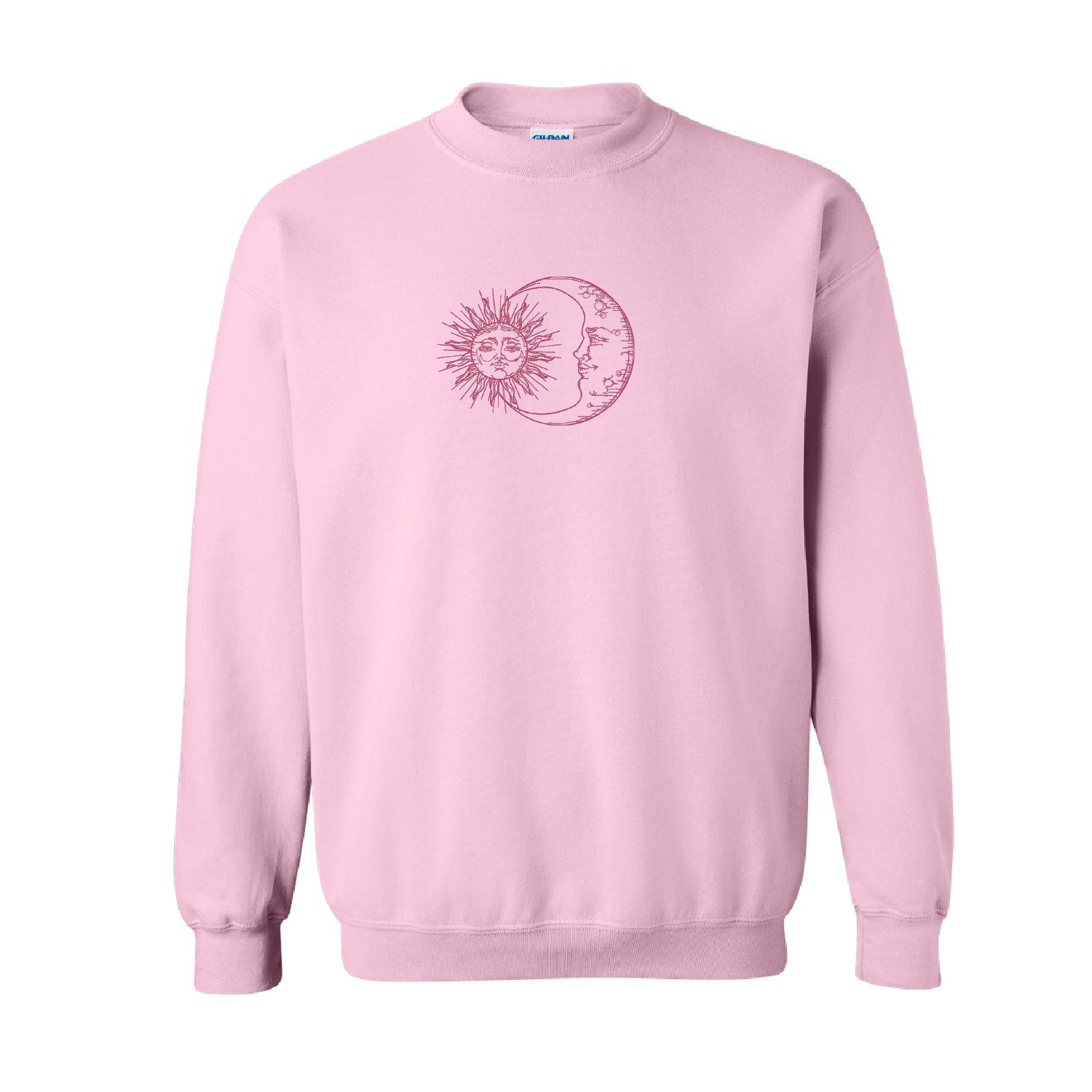 crewneck rose pâle ayant une broderie de soleil et de lune de type minimaliste brodé au centre