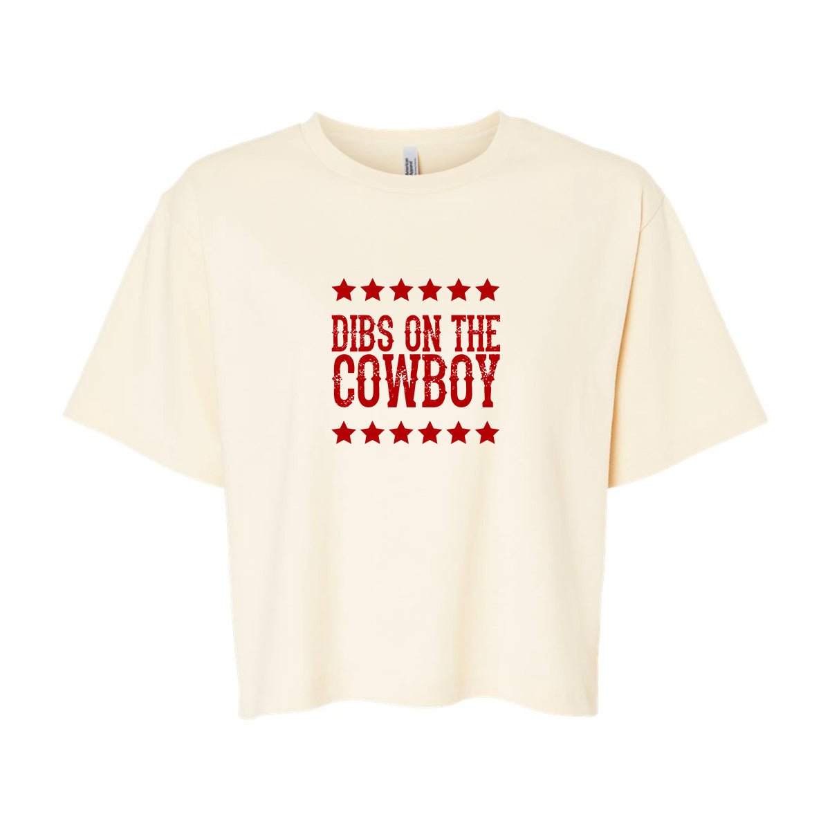 t-shirt écourté crème avec impression rouge "dibs on the cowboy" avec des étoiles