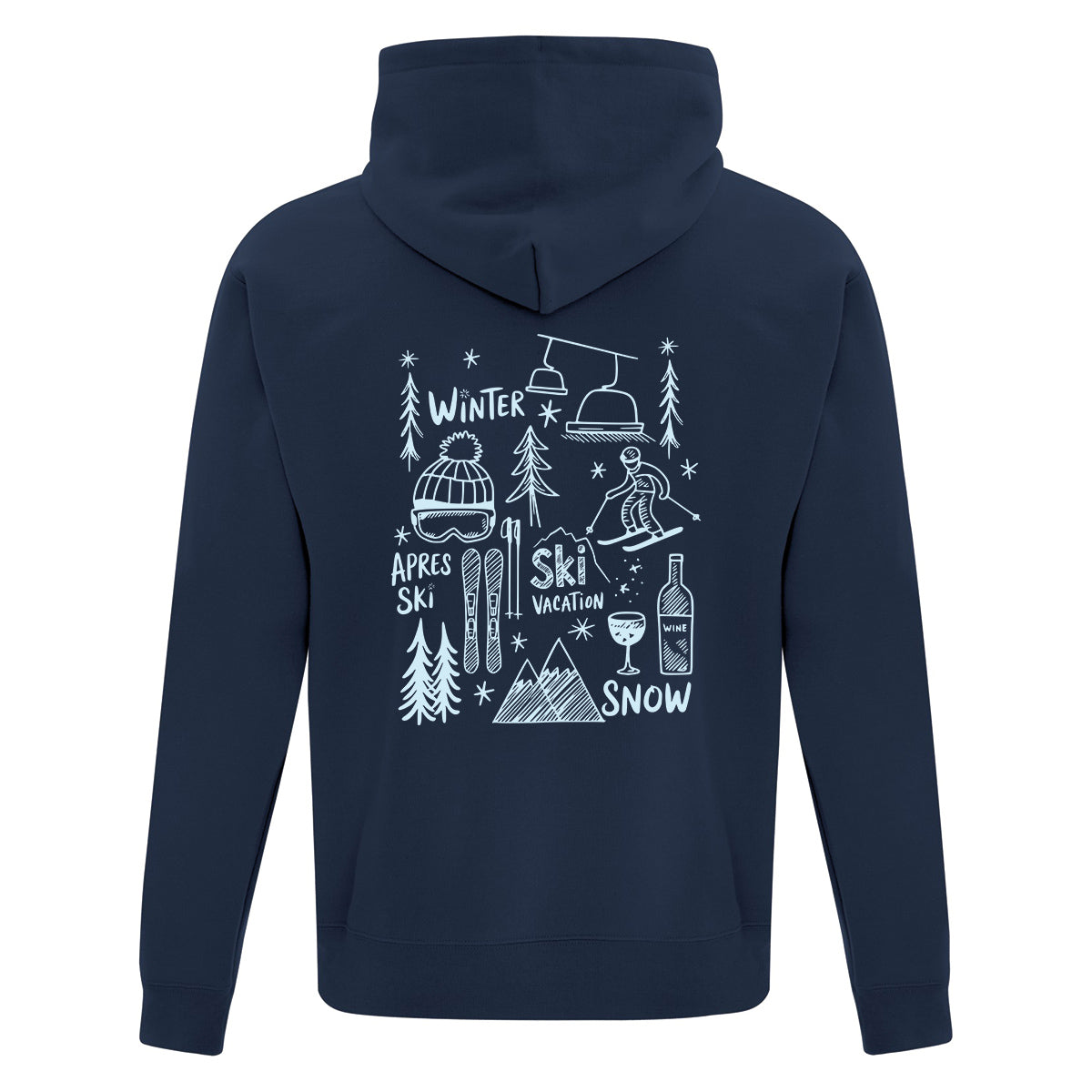 coton ouaté à capuchon bleu marin avec des illustrations sous le thème du ski et de l'hiver imprimé en bleu pâle