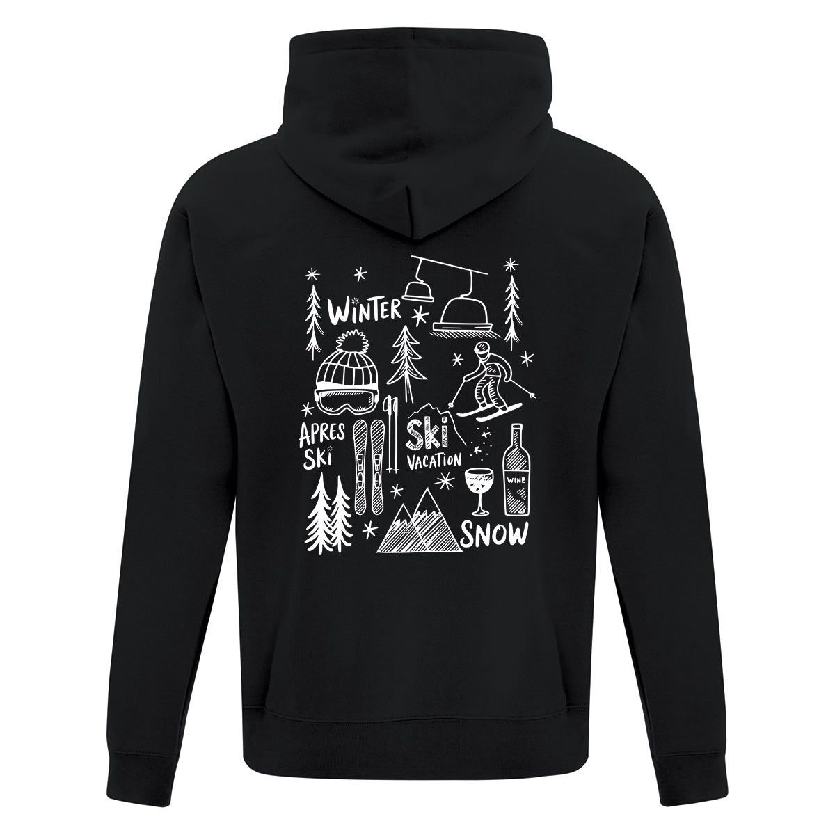 coton ouaté à capuchon noir avec des illustrations sous le thème du ski et de l'hiver imprimé en blanc