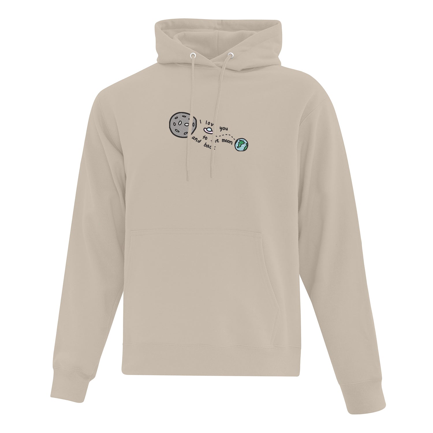 hoodie beige mockup love you to the moon and back avec planète, vaisseau spacial, terre brodé