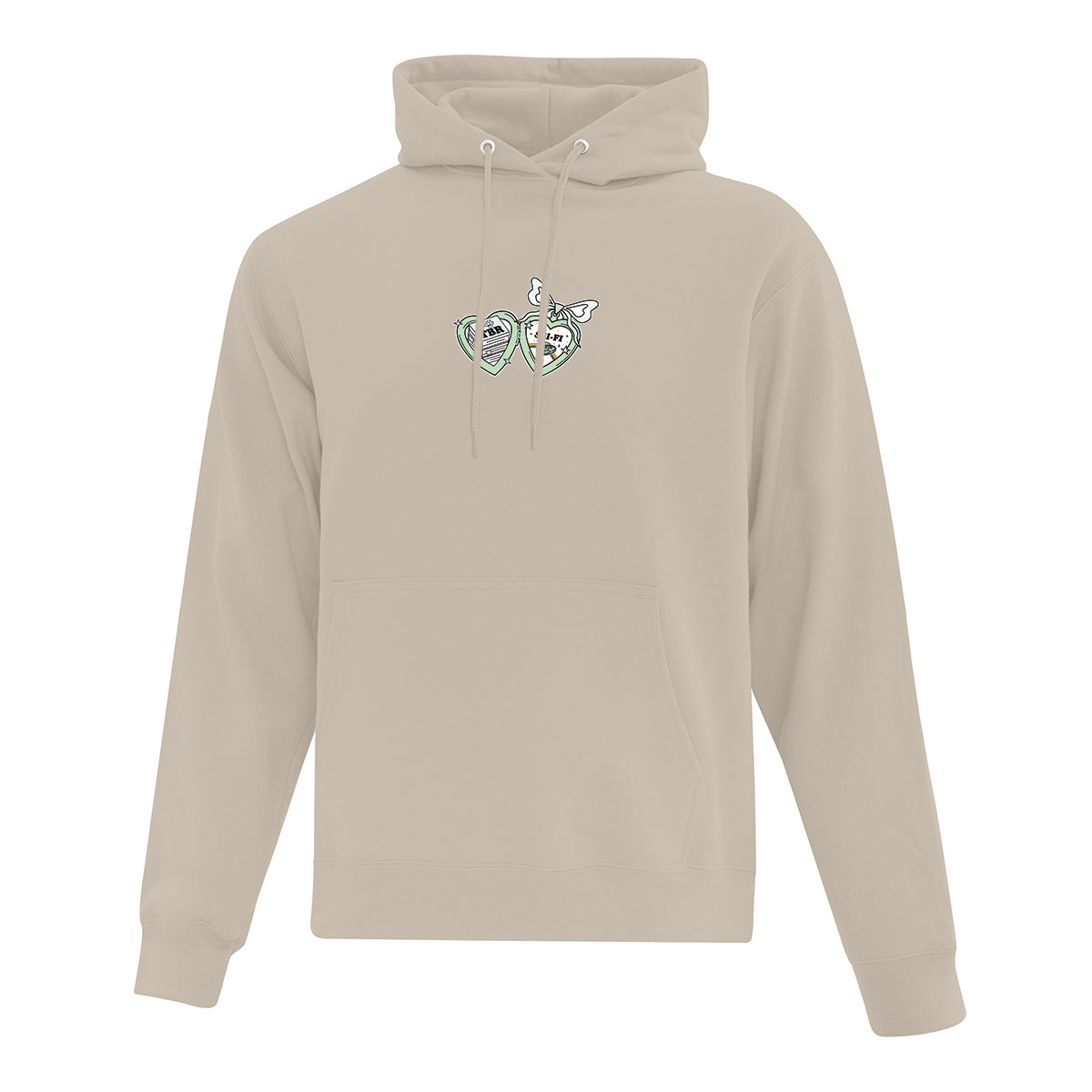 coton ouaté à capuchon beige sur fond blanc. Il y a une impression d'un pendentif en forme de coeur ouvert avec un livre et un genre de lecture positionné au centre