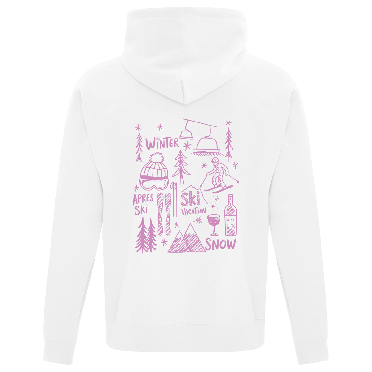 coton ouaté à capuchon blanc avec des illustrations sous le thème du ski et de l'hiver imprimé en rose