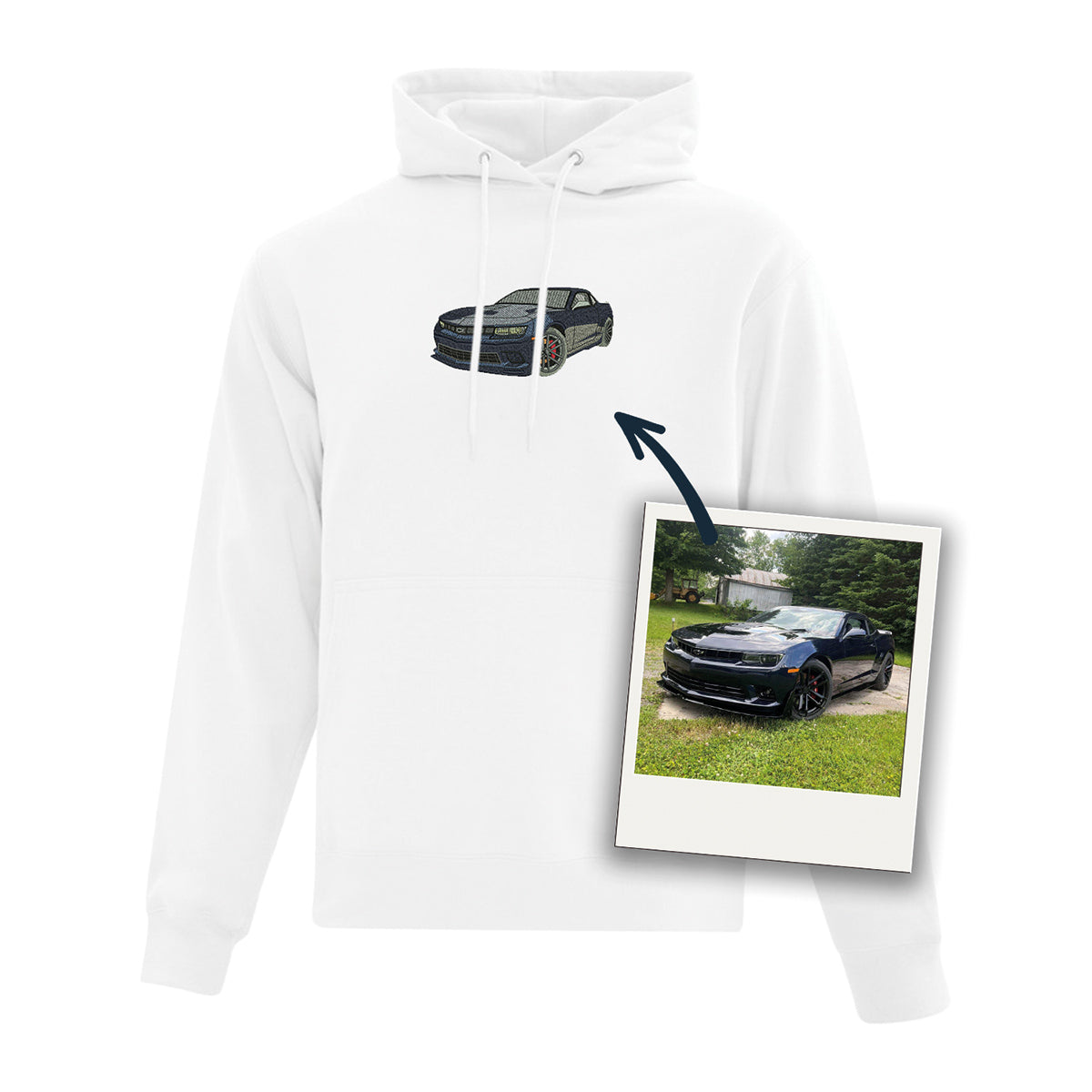 coton ouaté à capuchon blanc avec broderie d'une voiture faite à partir d'une photo
