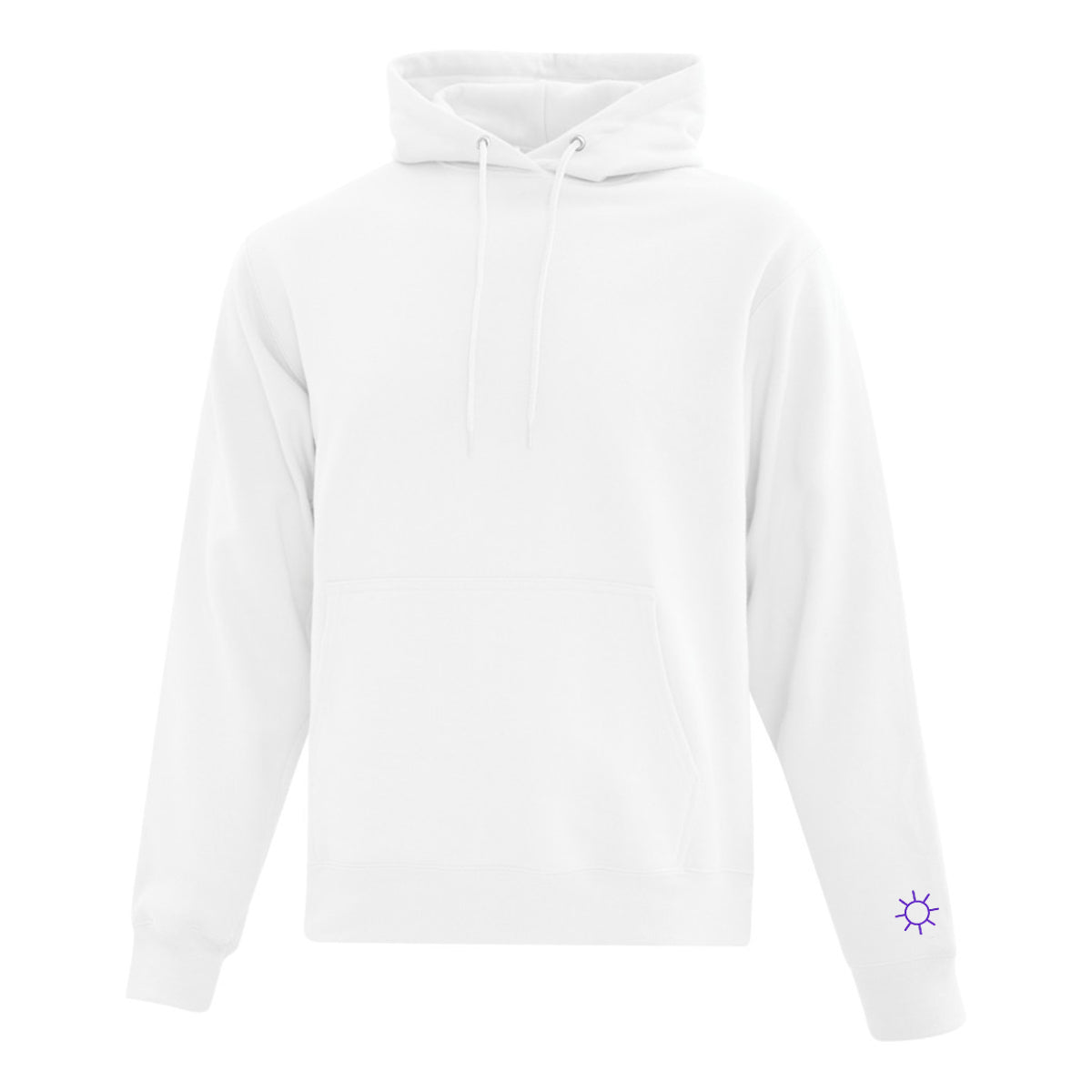 hoodie blanc avec un soleil minimaliste mauve brodé sur le bout de la manche gauche