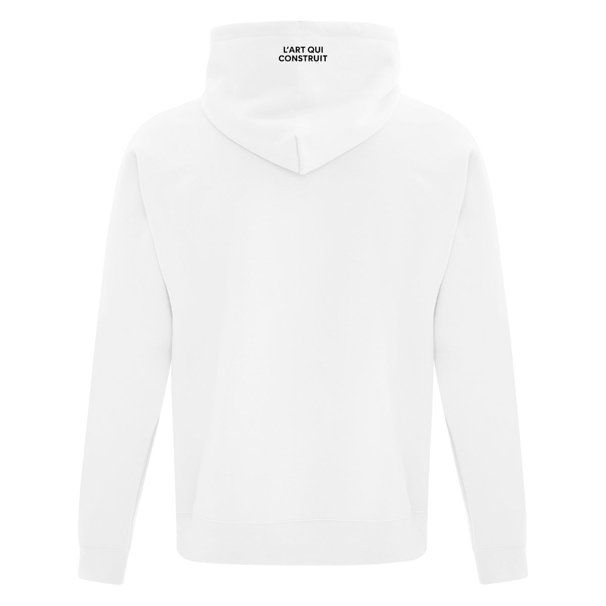 hoodie vue de dos blanc avec broderie "L'art qui construit" en noir sur le bout du capuchon