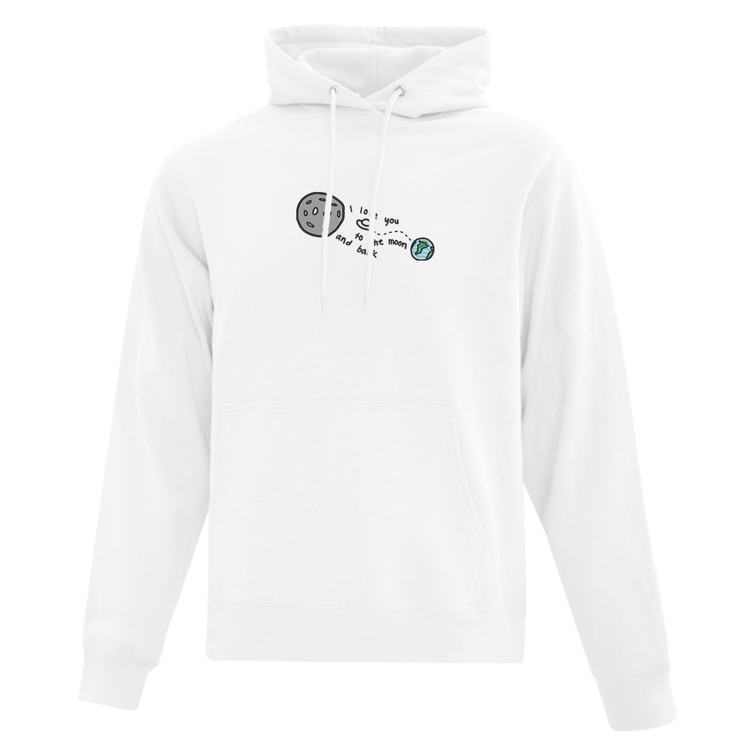 hoodie blanc mockup love you to the moon and back avec planète, vaisseau spacial, terre brodé