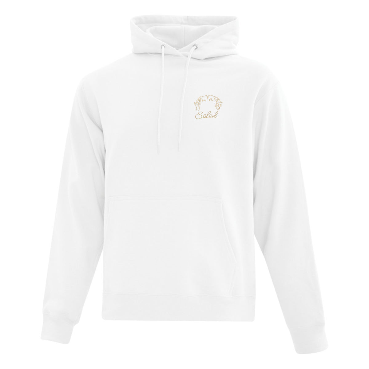 coton ouaté à capuchon blanc avec broderie minimaliste  gauche d'oreilles de chien avec son nom en dessous en beige