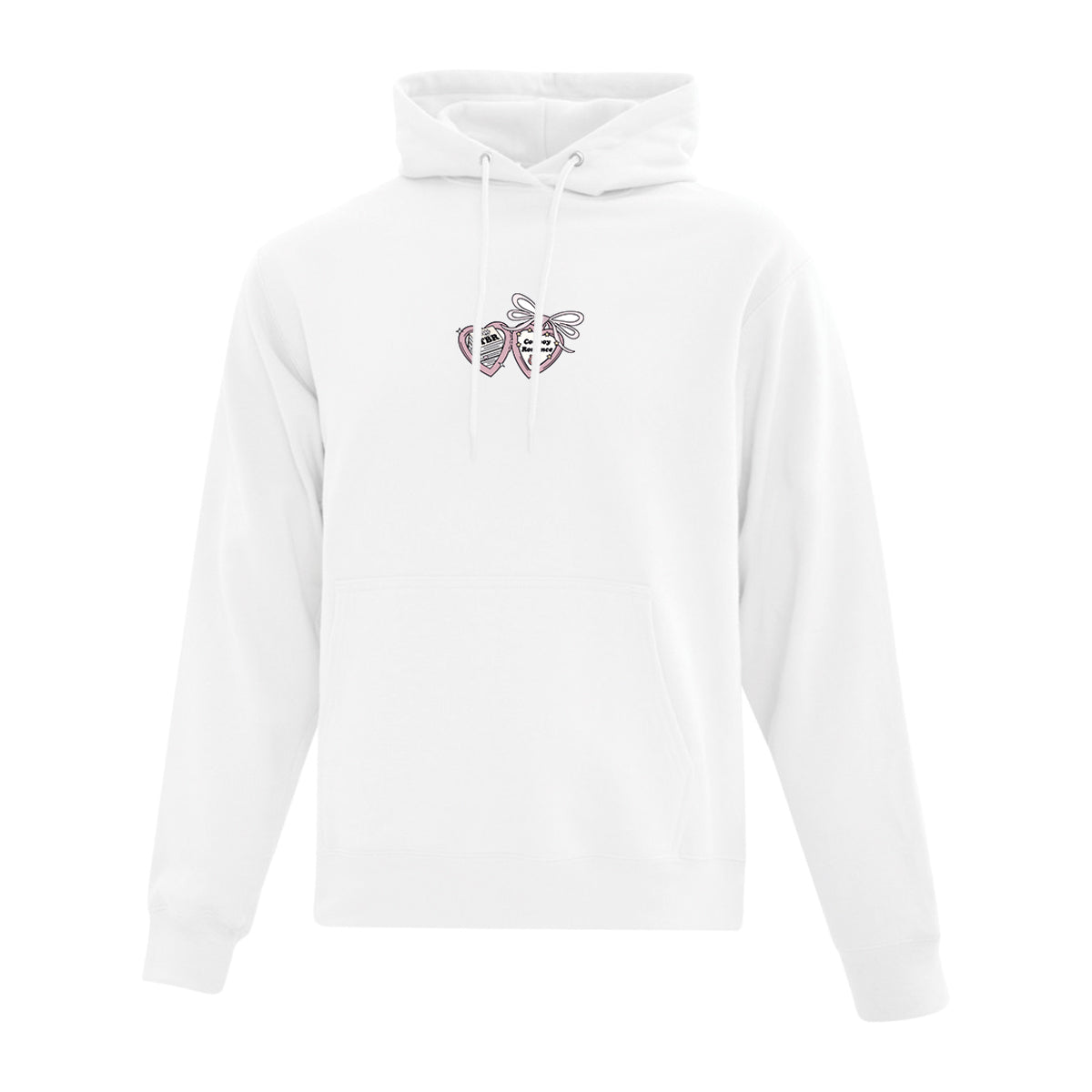 coton ouaté à capuchon blanc sur fond blanc. Il y a une impression d'un pendentif en forme de coeur ouvert avec un livre et un genre de lecture positionné au centre