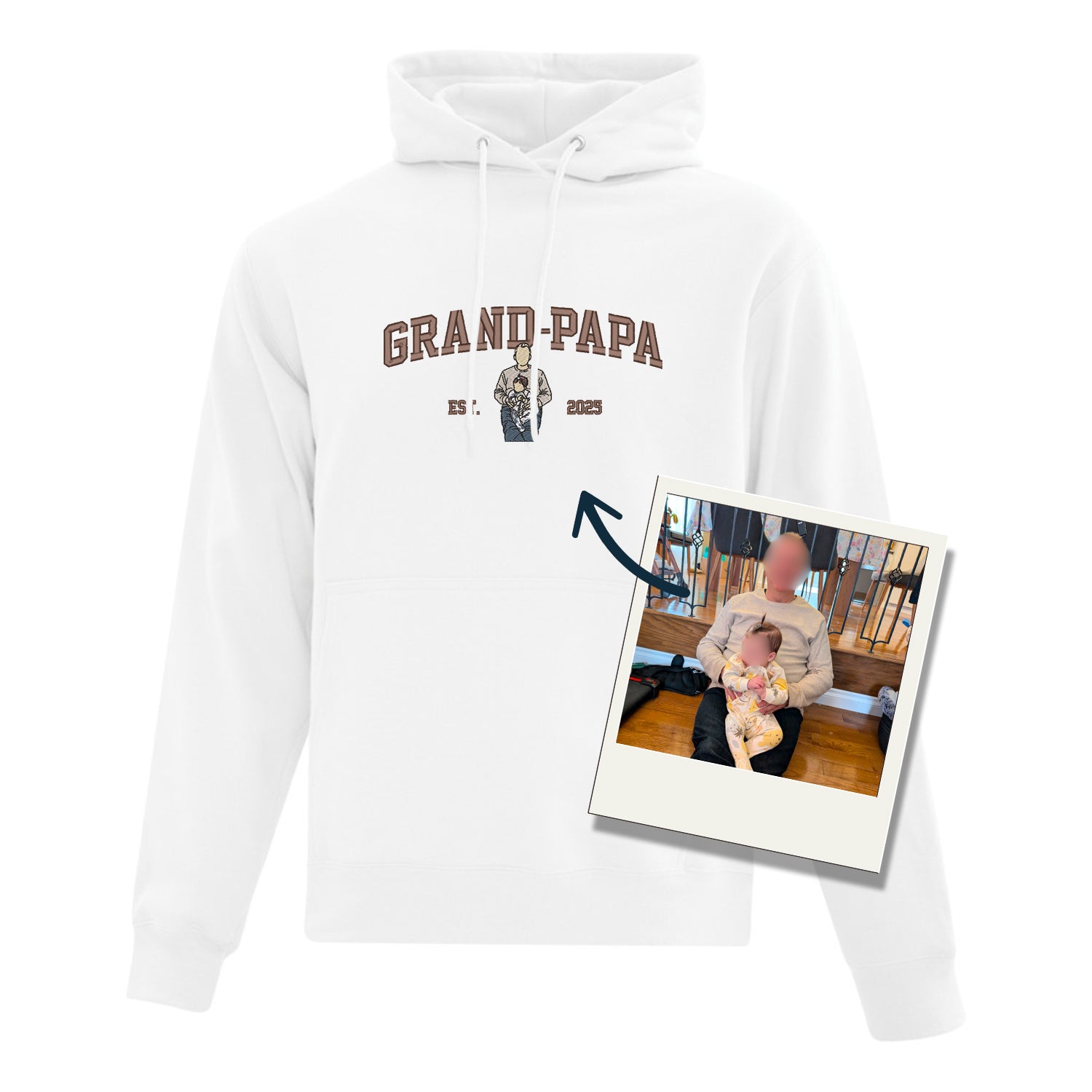 coton ouaté à capuchon blanc avec broderie grand-papa, EST. 2025 et une broderie de portrait fait à partir d'une photo. cadeau de famille personnalisé