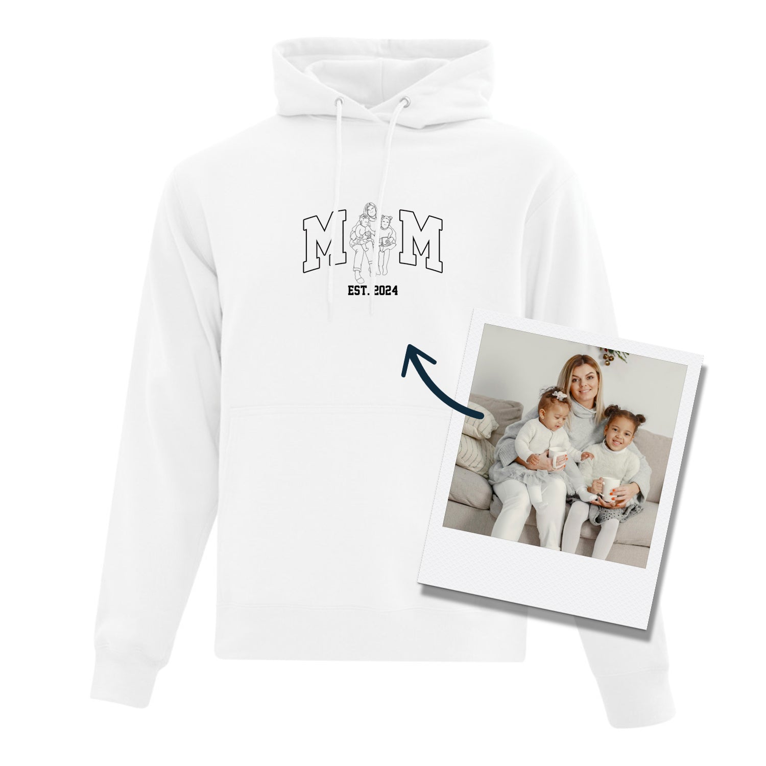 coton ouaté à capuchon blanc avec broderie noire MOM avec silhouette dessinée à la main à la place du O.