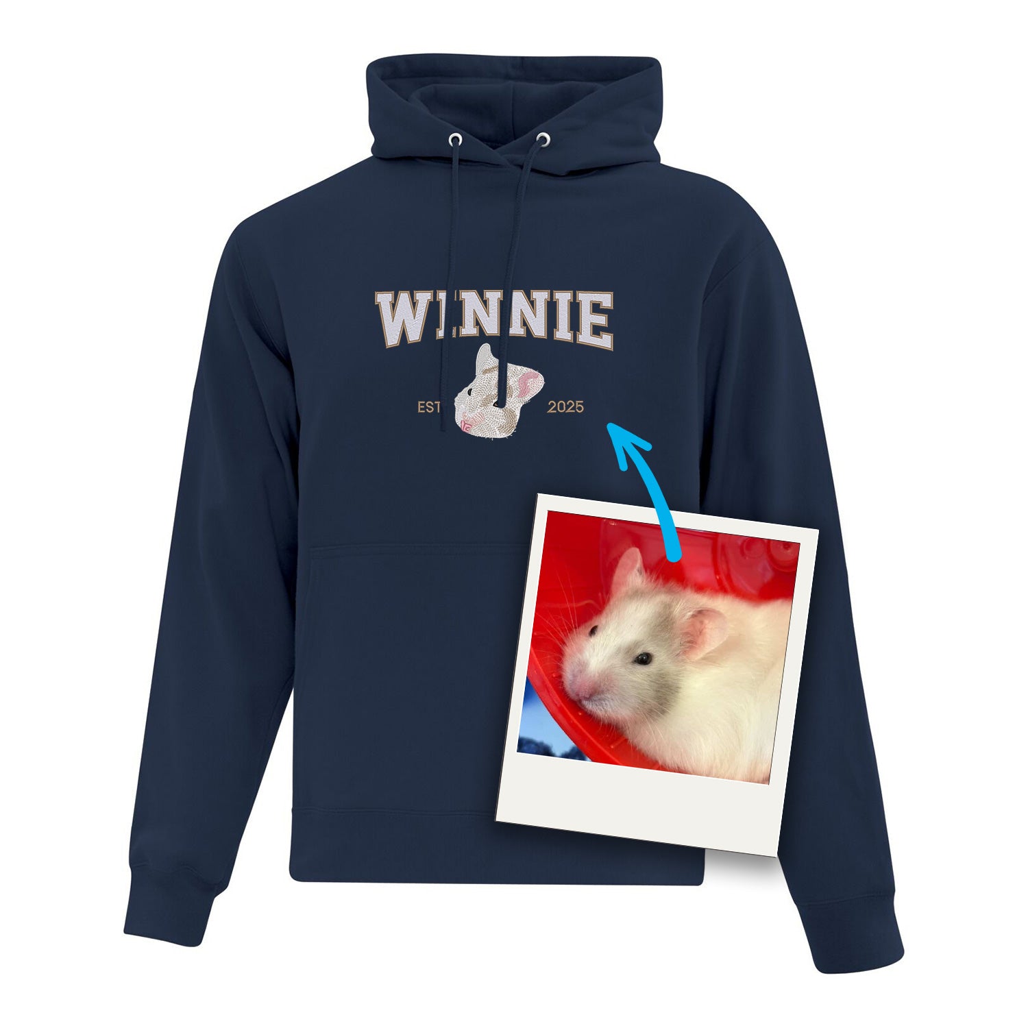coton ouaté à capuchon bleu marin avec broderie personnalisée d'un portrait de hamster avec son nom et année de naissance