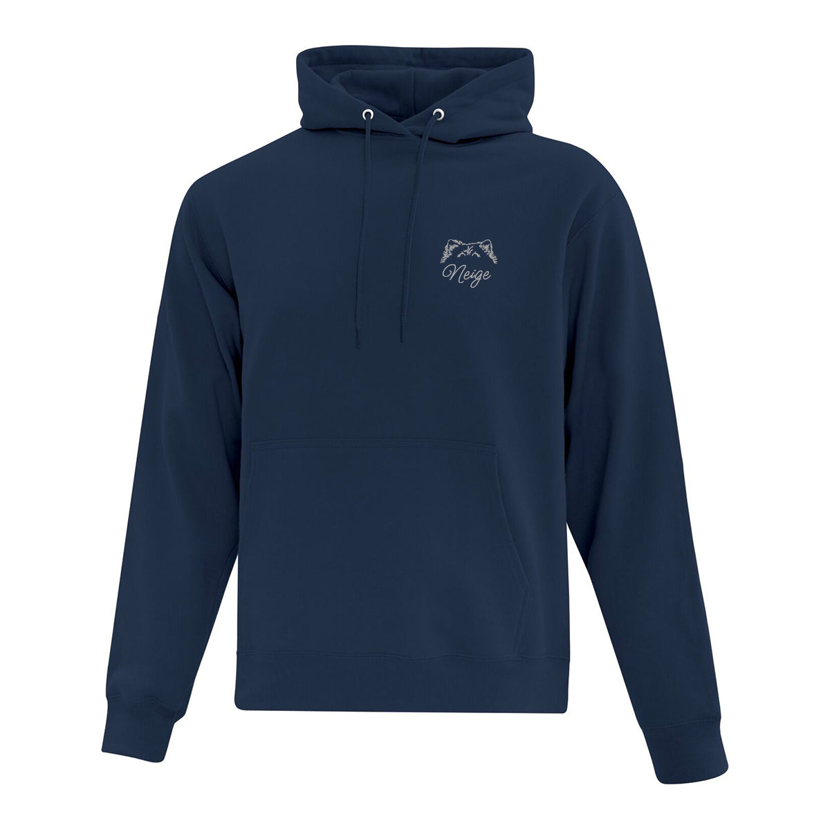 coton ouaté à capuchon bleu marin avec broderie minimaliste  gauche d'oreilles de chien avec son nom en dessous en gris pâle