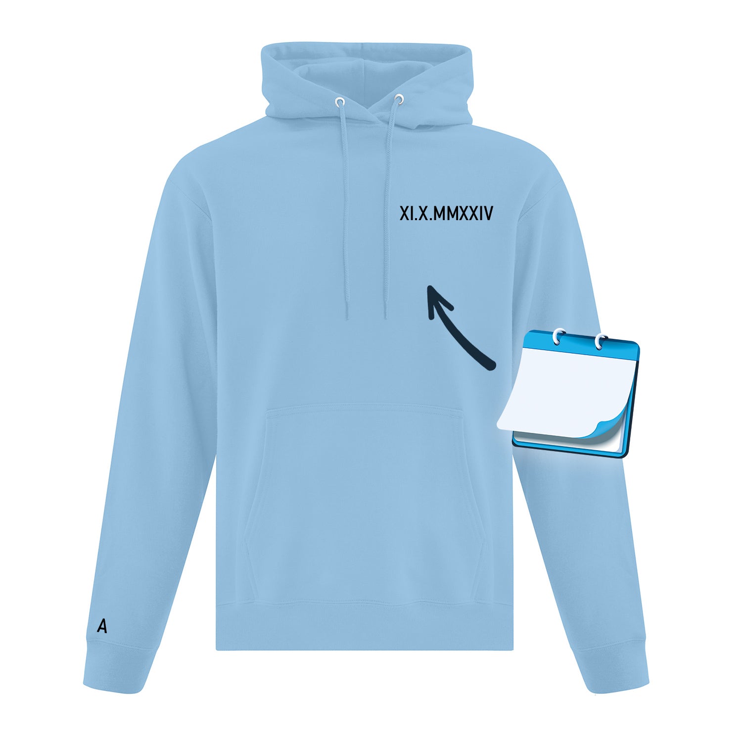 hoodie cadeau couple date en chiffres romains et initiale sur le bout de la manche personnalisable