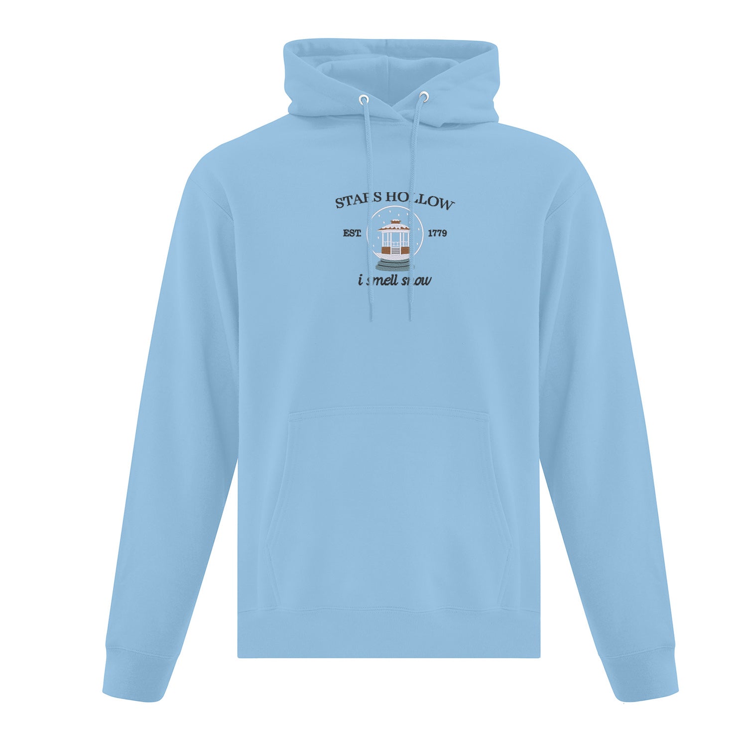 hoodie à capuchon bleu pâle brodé snowglobe design hiver gilmore girls