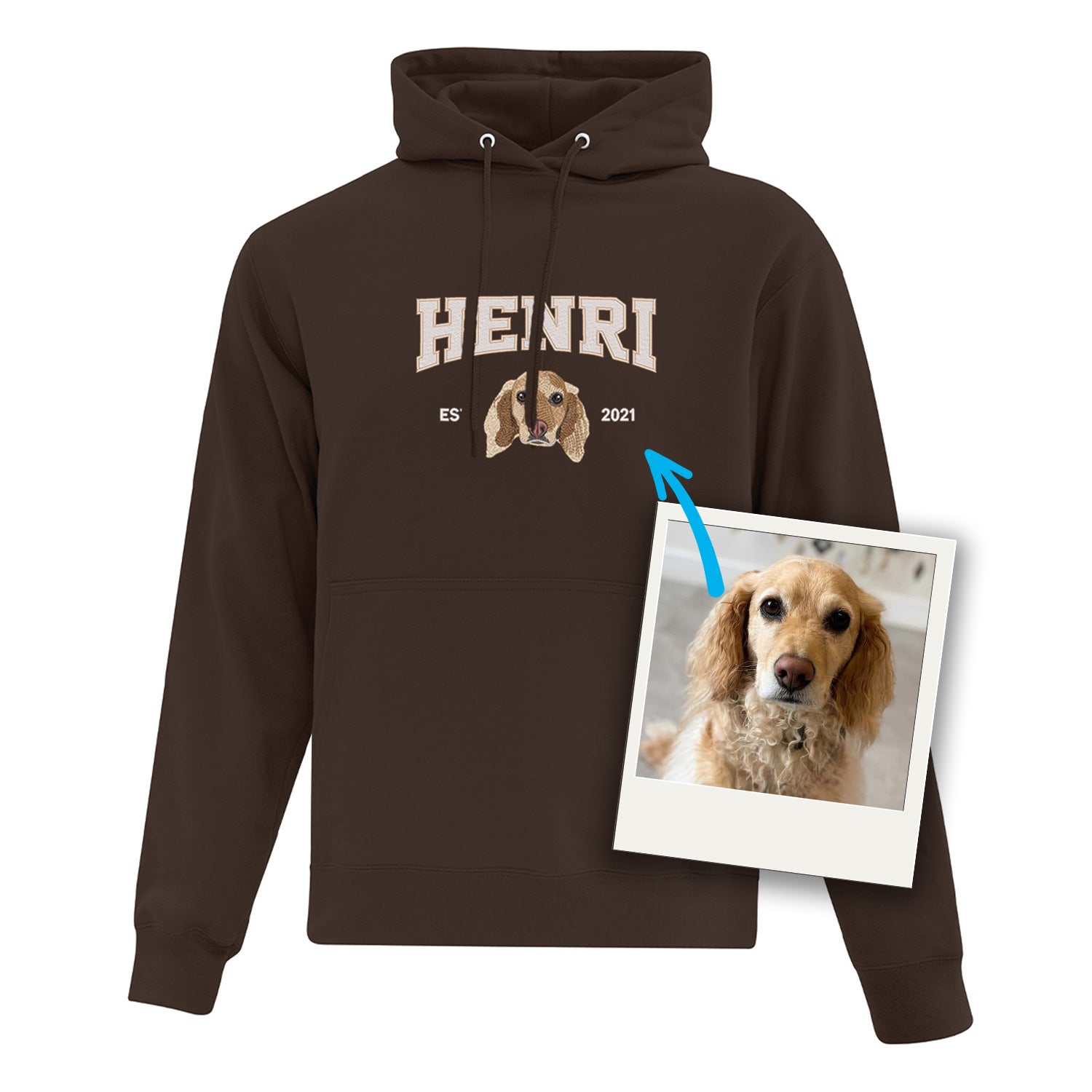 coton ouaté à capuchon brun avec broderie personnalisée d'un portrait de chien avec son nom et année de naissance