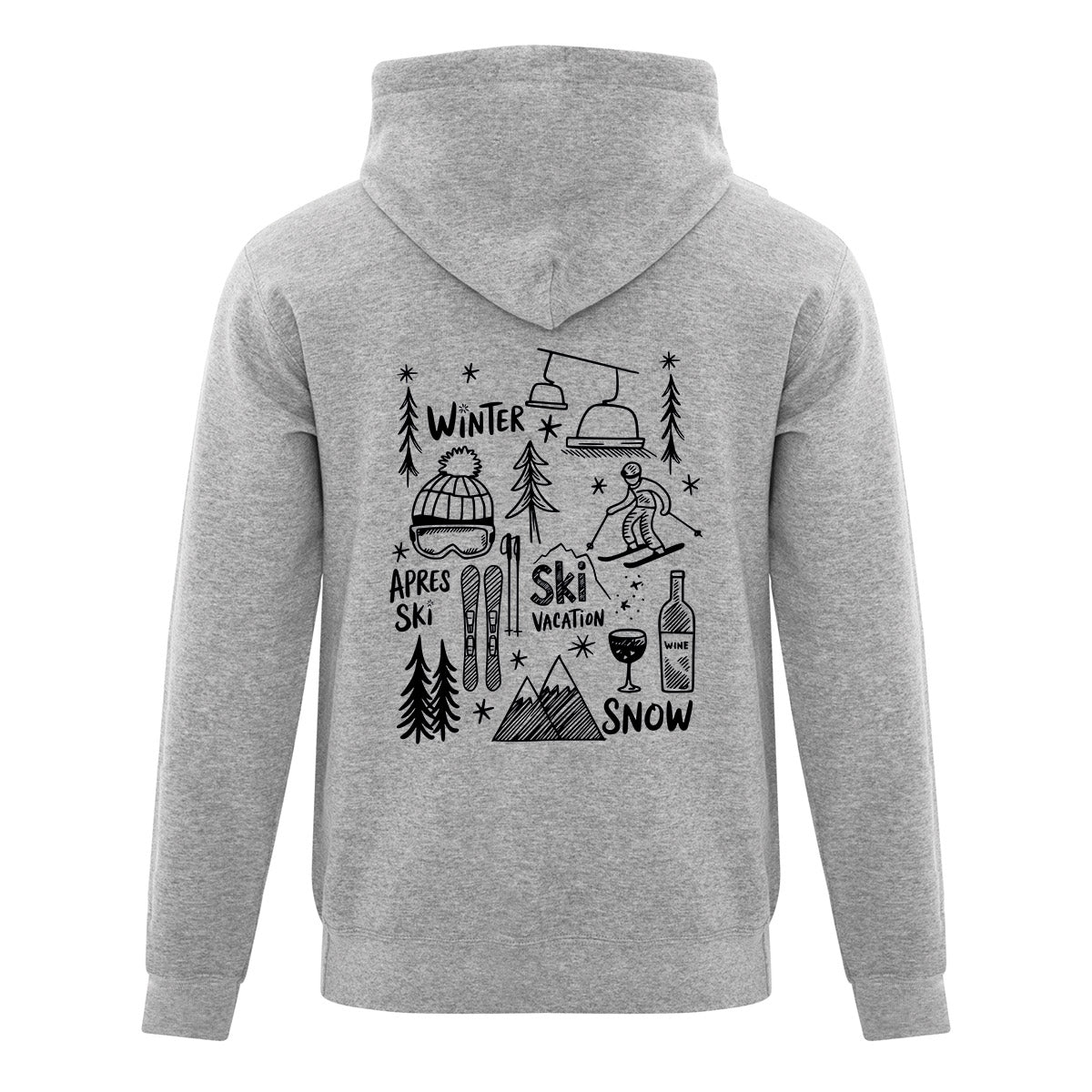 coton ouaté à capuchon gris pâle avec des illustrations sous le thème du ski et de l'hiver imprimé en noir