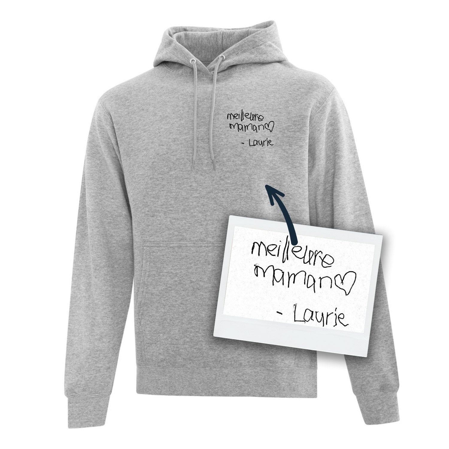 coton ouaté à capuchon gris pâle personnalisable avec une broderie au coeur en noir d'un message écrit à la main par un proche