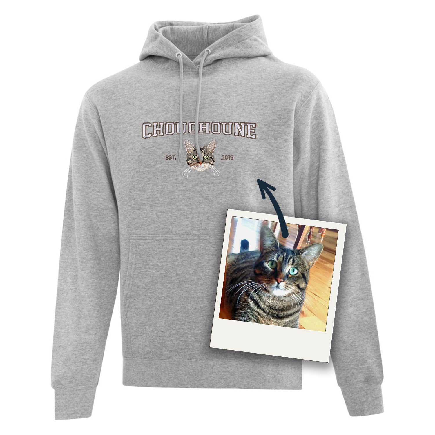 coton ouaté à capuchon gris pâle avec broderie personnalisée d'un portrait de chat avec son nom et année de naissance