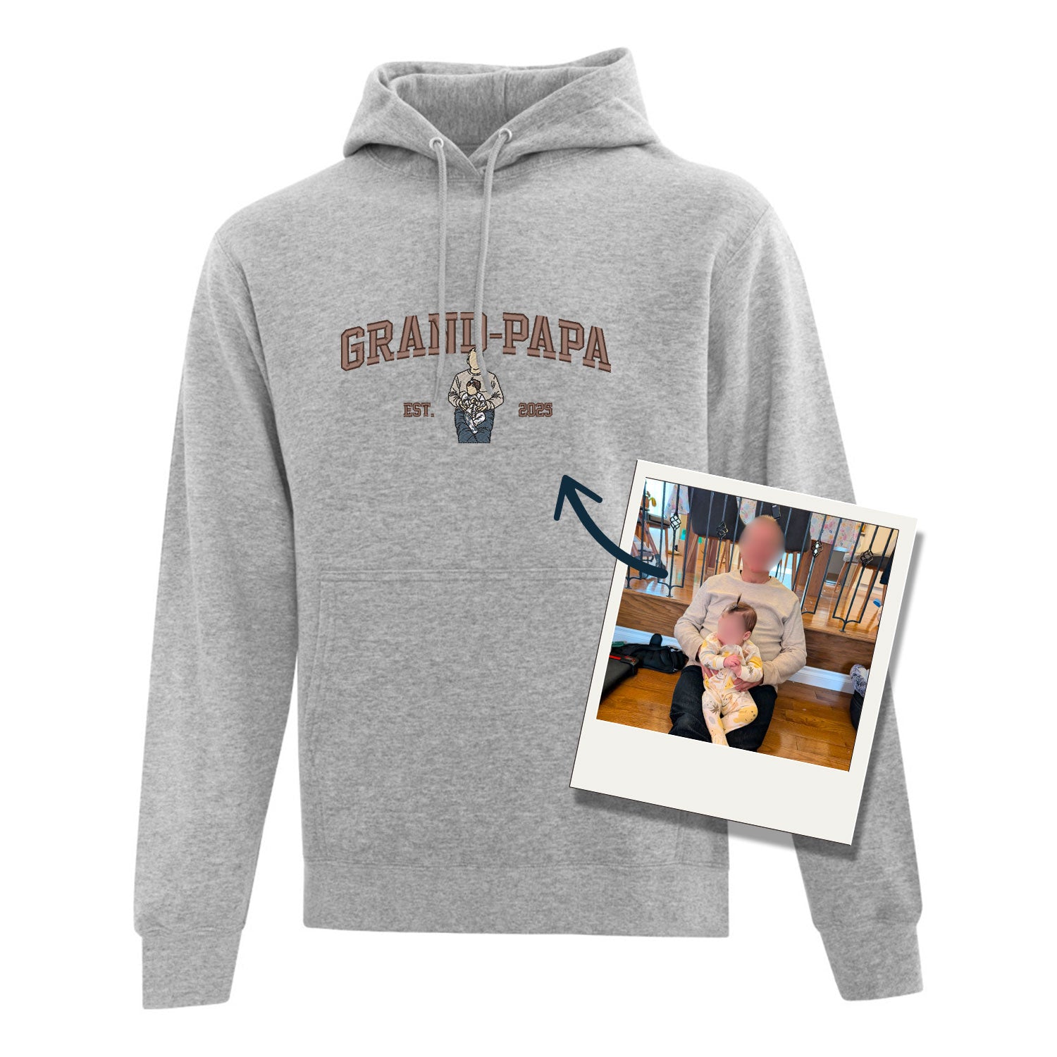 coton ouaté à capuchon gris pâle avec broderie grand-papa, EST. 2025 et une broderie de portrait fait à partir d'une photo. cadeau de famille personnalisé