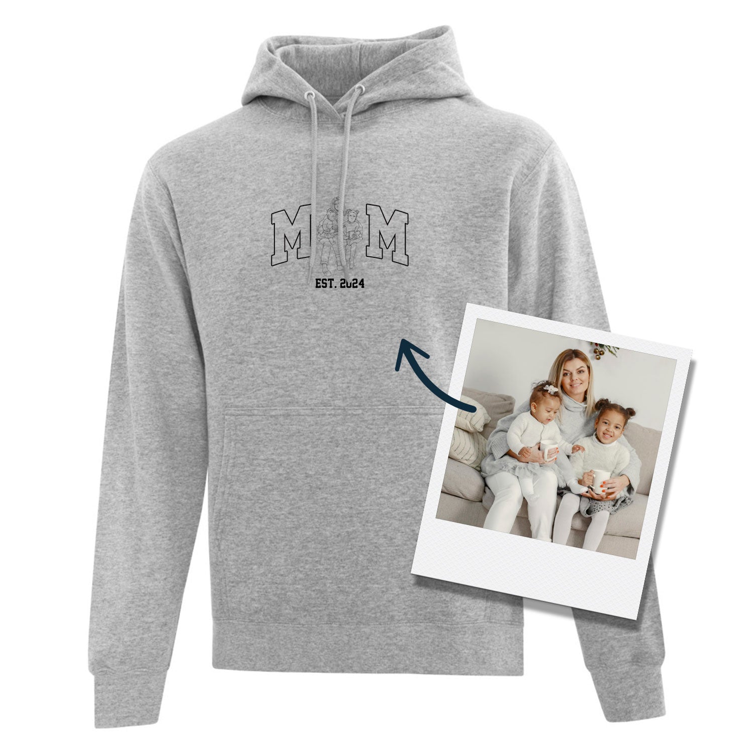 coton ouaté à capuchon gris pâle avec broderie noire MOM avec silhouette dessinée à la main à la place du O.