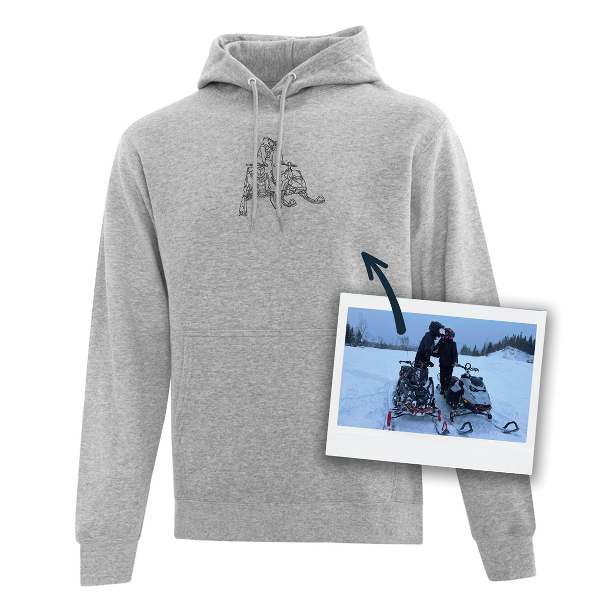 visuel d'un coton ouaté à capuchon gris pâle avec une broderie minimaliste noire dessinée à partir d'une photo