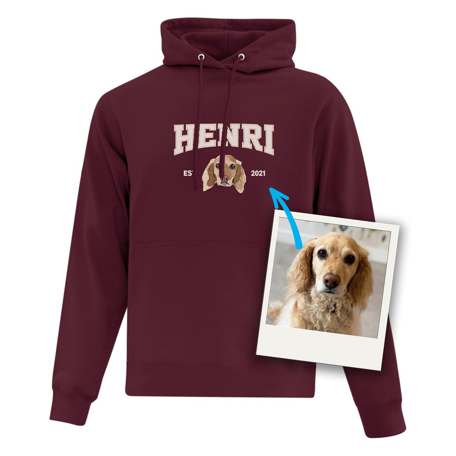 coton ouaté à capuchon bourgogne avec broderie personnalisée d'un portrait de chien avec son nom et année de naissance