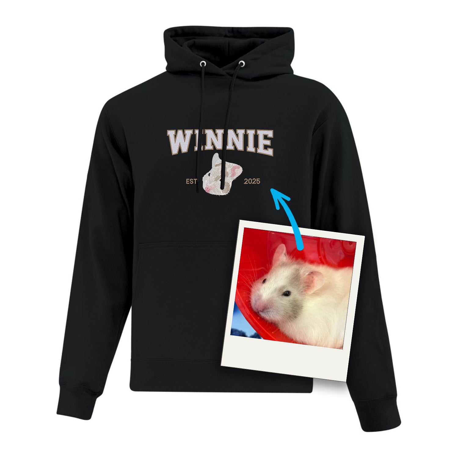 coton ouaté à capuchon noiravec broderie personnalisée d'un portrait de hamster avec son nom et année de naissance