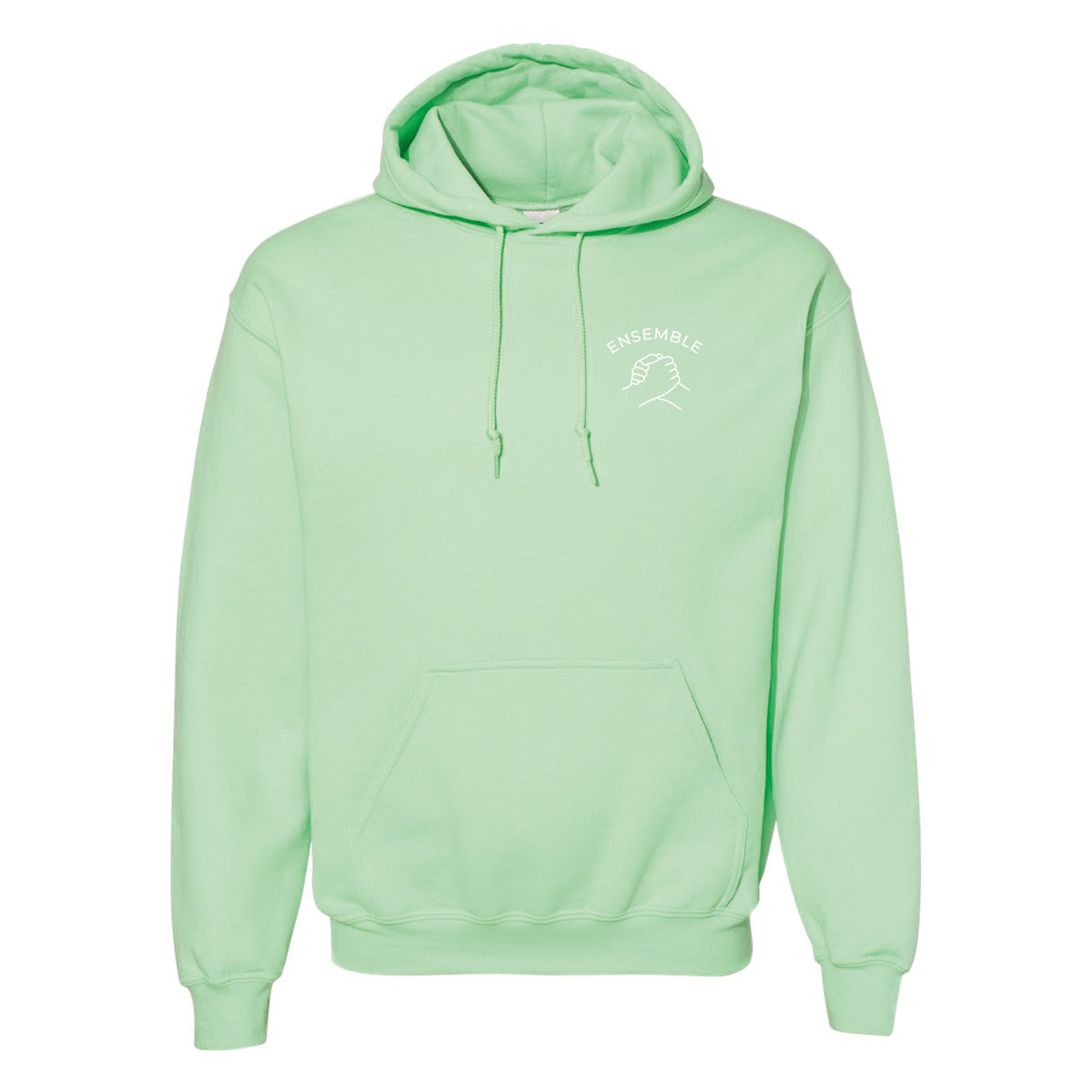 coton ouaté à capuchon menthe avec une broderie blanche d'une poignée de main minimaliste avec le mot "ensemble" en arche au-dessus.