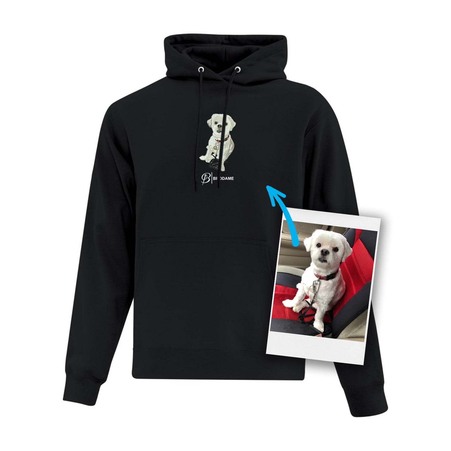 hoodie noir personnalisé avec un chien brodé de façon réaliste à partir d'une photo accompagné du logo brodame en dessous en blanc