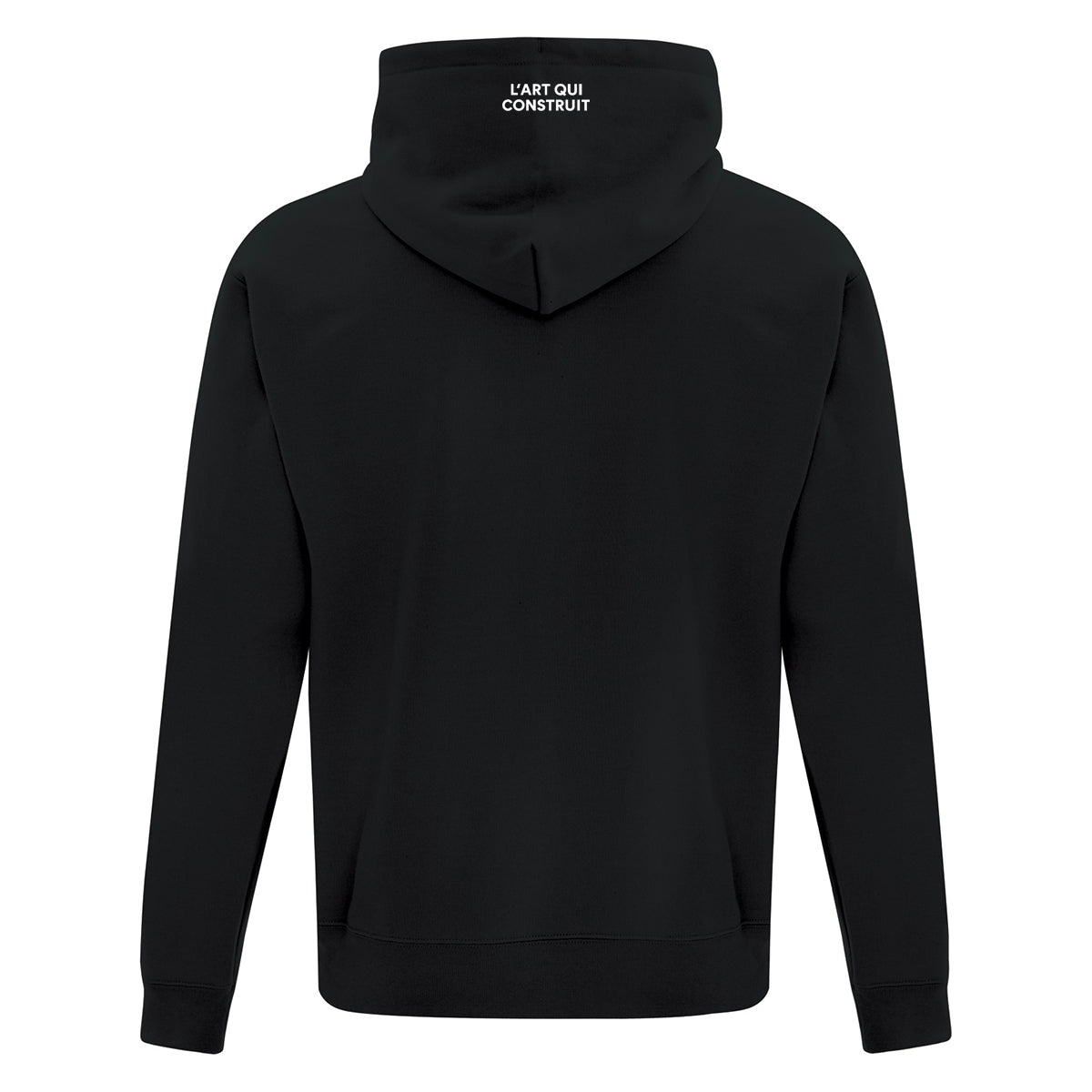 hoodie vue de dos noir avec broderie "L'art qui construit" en blanc sur le bout du capuchon