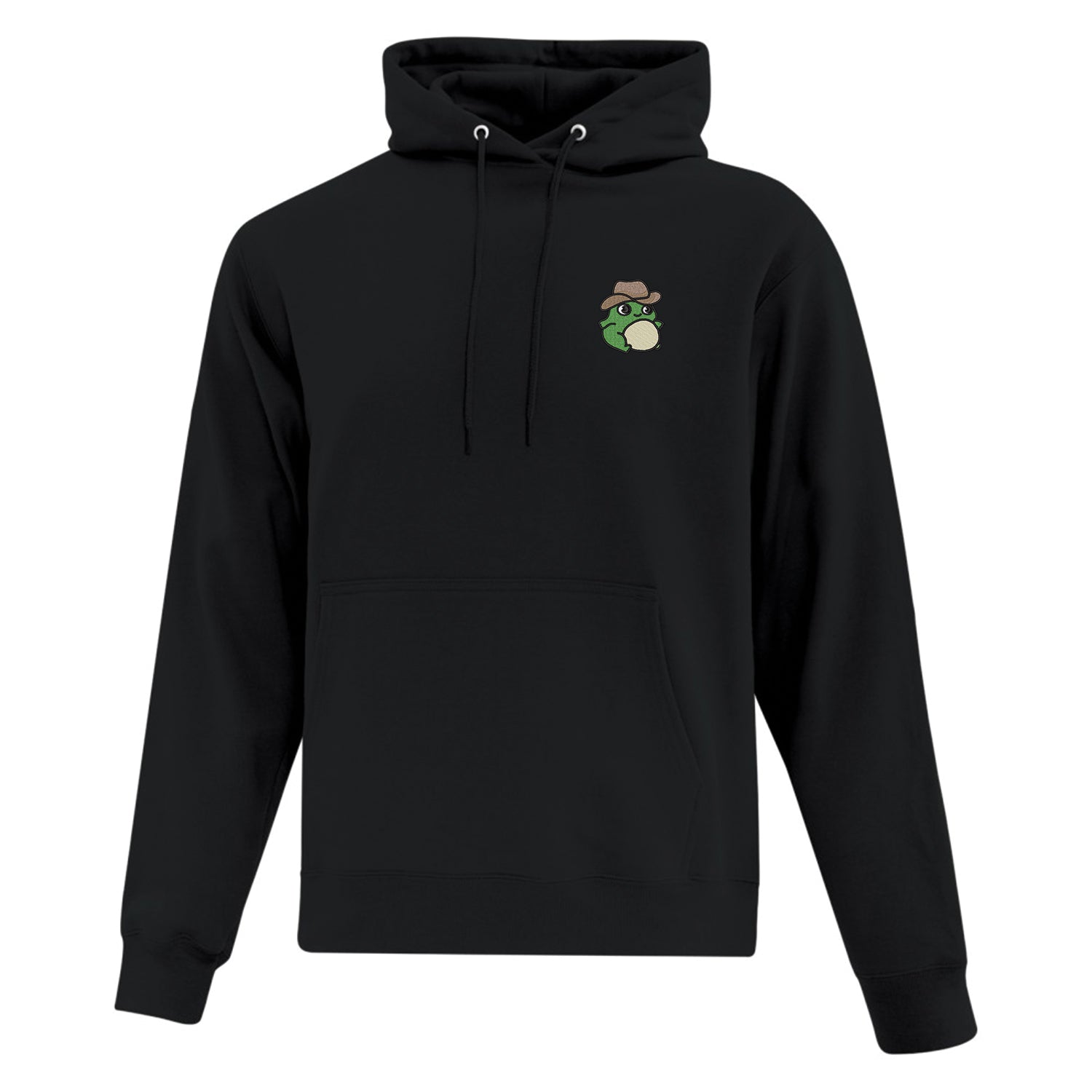 visuel d'un coton ouaté à capuchon noir avec une broderie d'une grenouille qui porte un chapeau de cowboy brodé au coeur