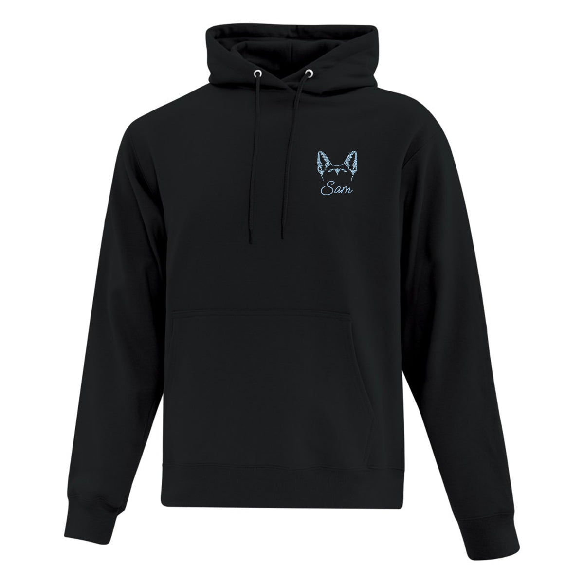 coton ouaté à capuchon noir avec broderie minimaliste  gauche d'oreilles de chien avec son nom en dessous en bleu pâle