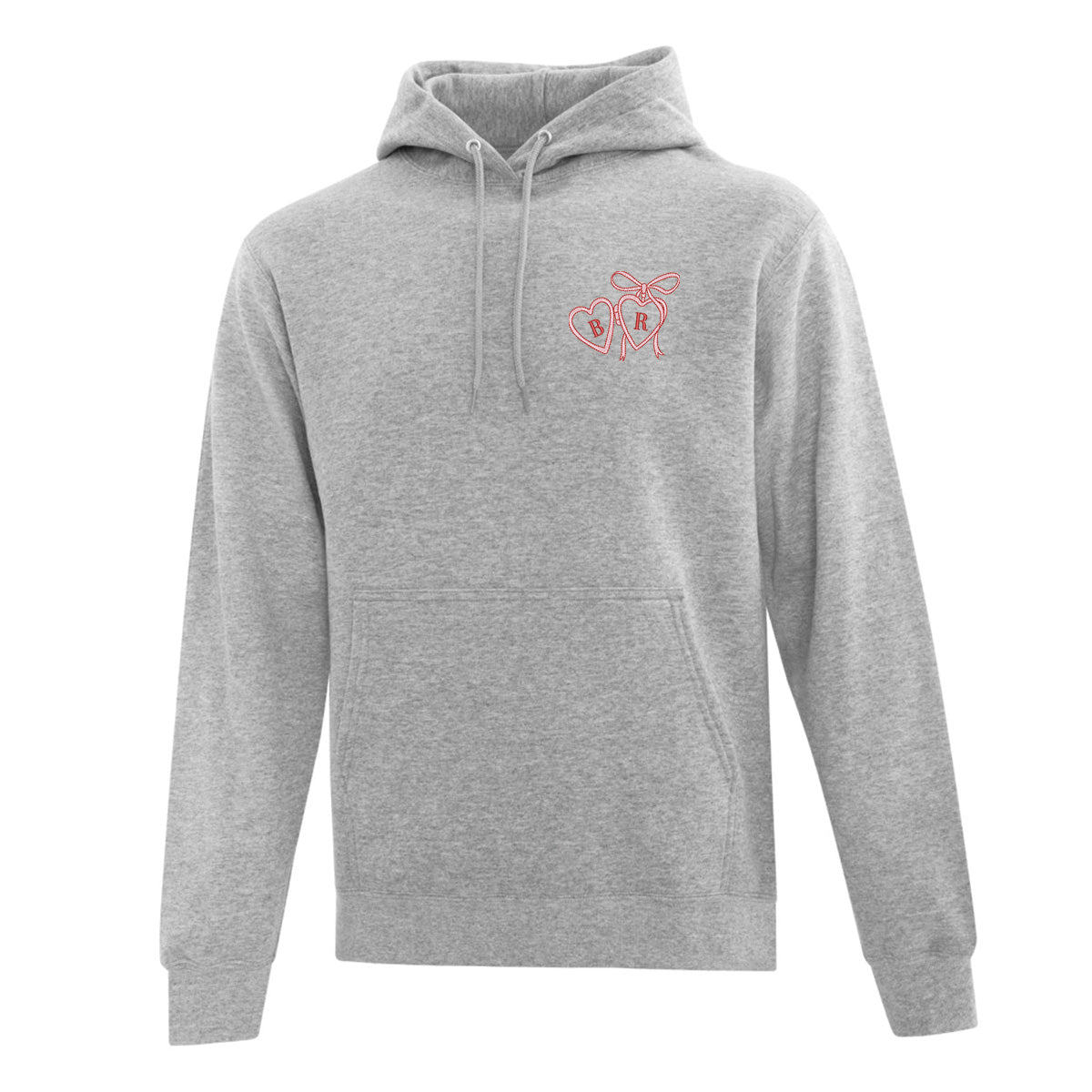 coton ouaté à capuchon gris pâle sur fond blanc avec broderie de pendentif en forme de coeur rose et rouge ayant des initiales brodées