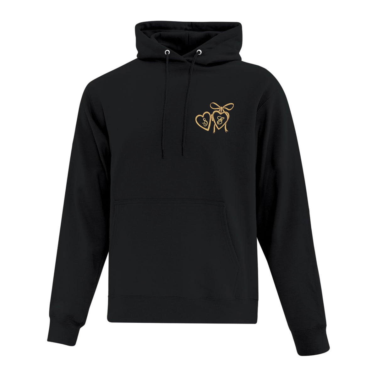 coton ouaté à capuchon noir sur fond blanc avec broderie de pendentif en forme de coeur or ayant des initiales brodées