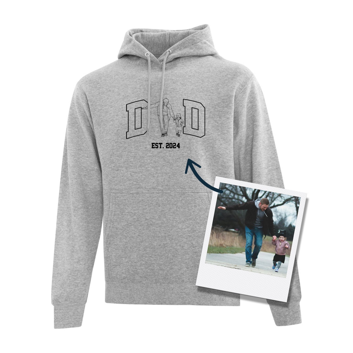 coton ouaté à capuchon gris pâle avec une broderie DAD avec une photo remplaçant le "A" ainsi que l'année de naissance de l'enfant ainé en dessous