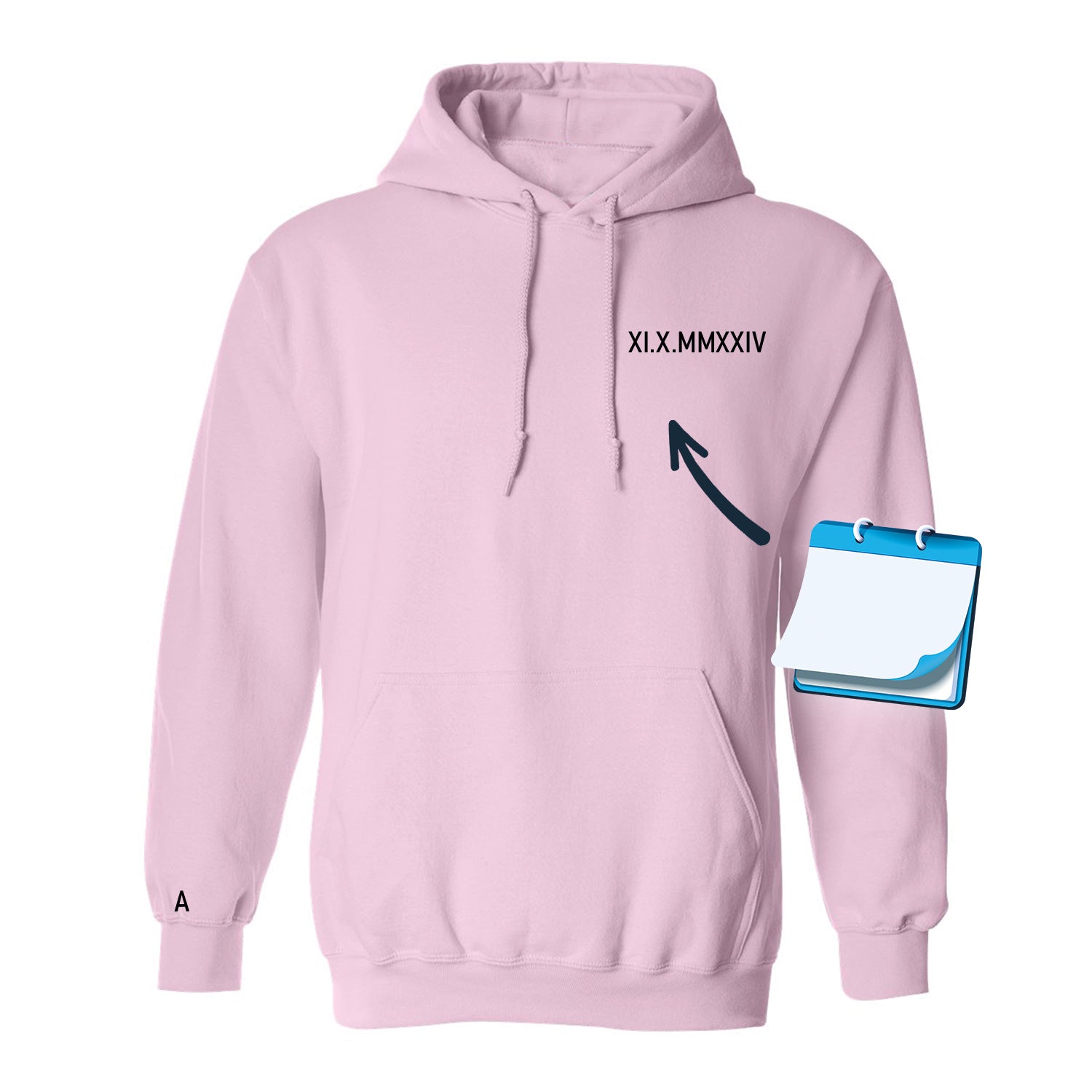 hoodie cadeau couple date en chiffres romains et initiale sur le bout de la manche personnalisable