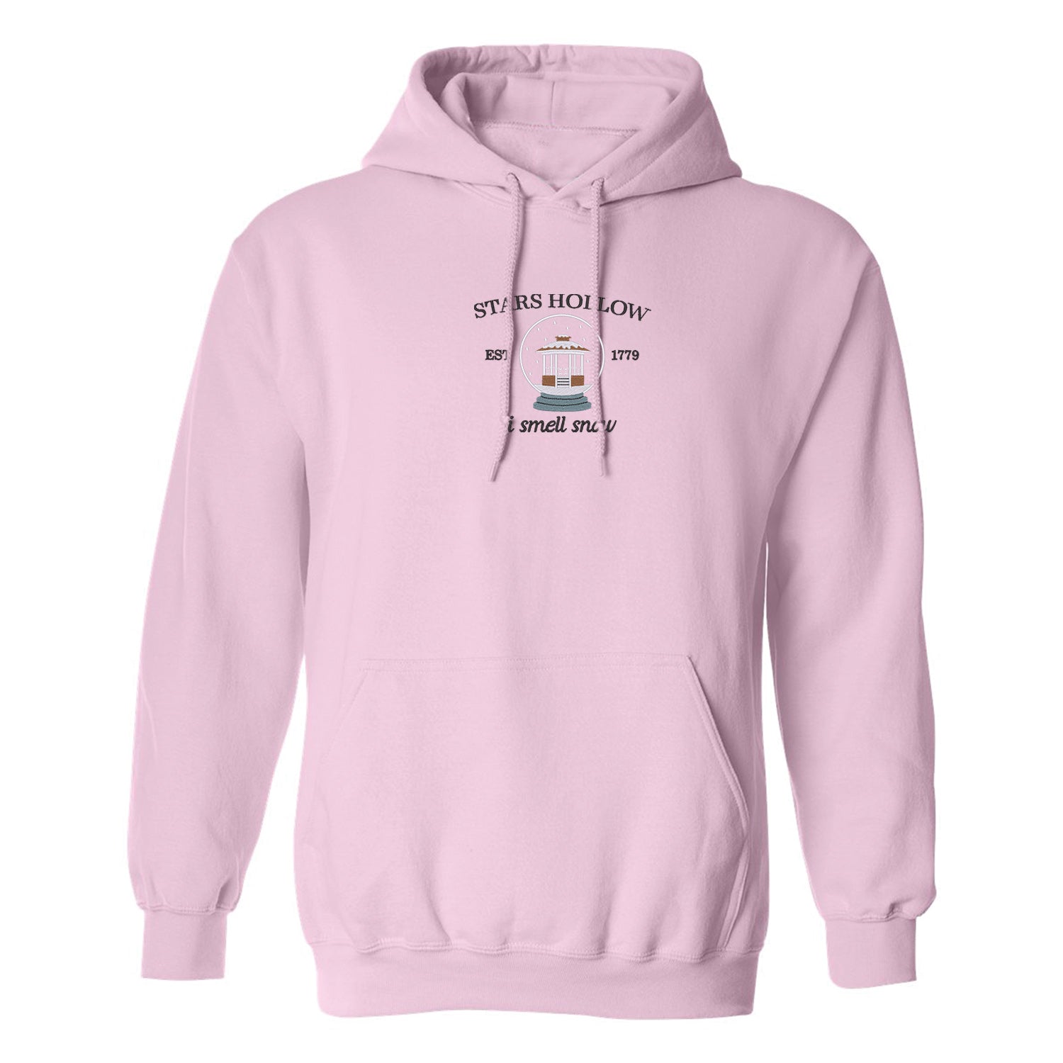 hoodie à capuchon rose pâle brodé snowglobe design hiver gilmore girls