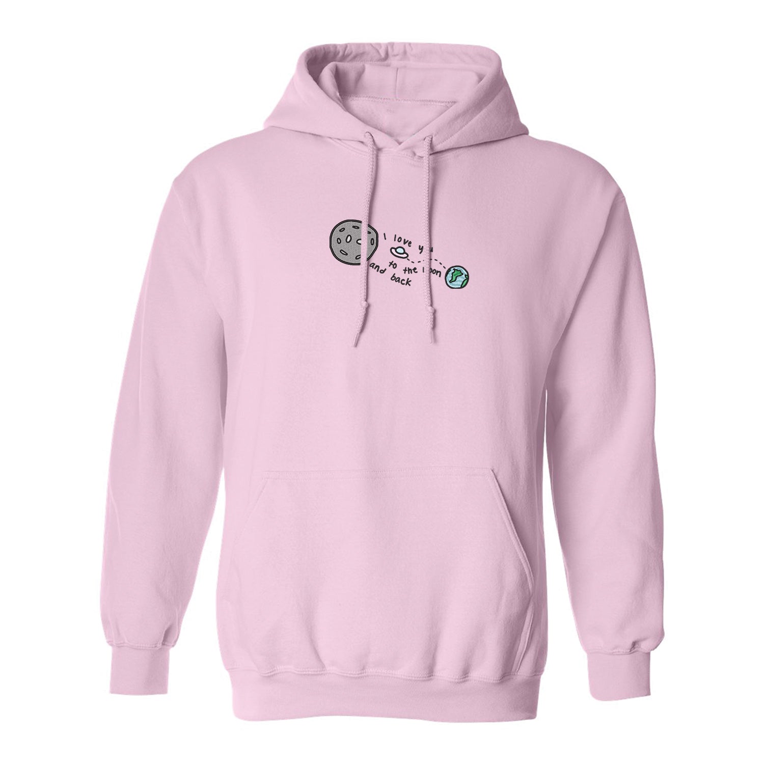 hoodie rose pâle mockup love you to the moon and back avec planète, vaisseau spacial, terre brodé