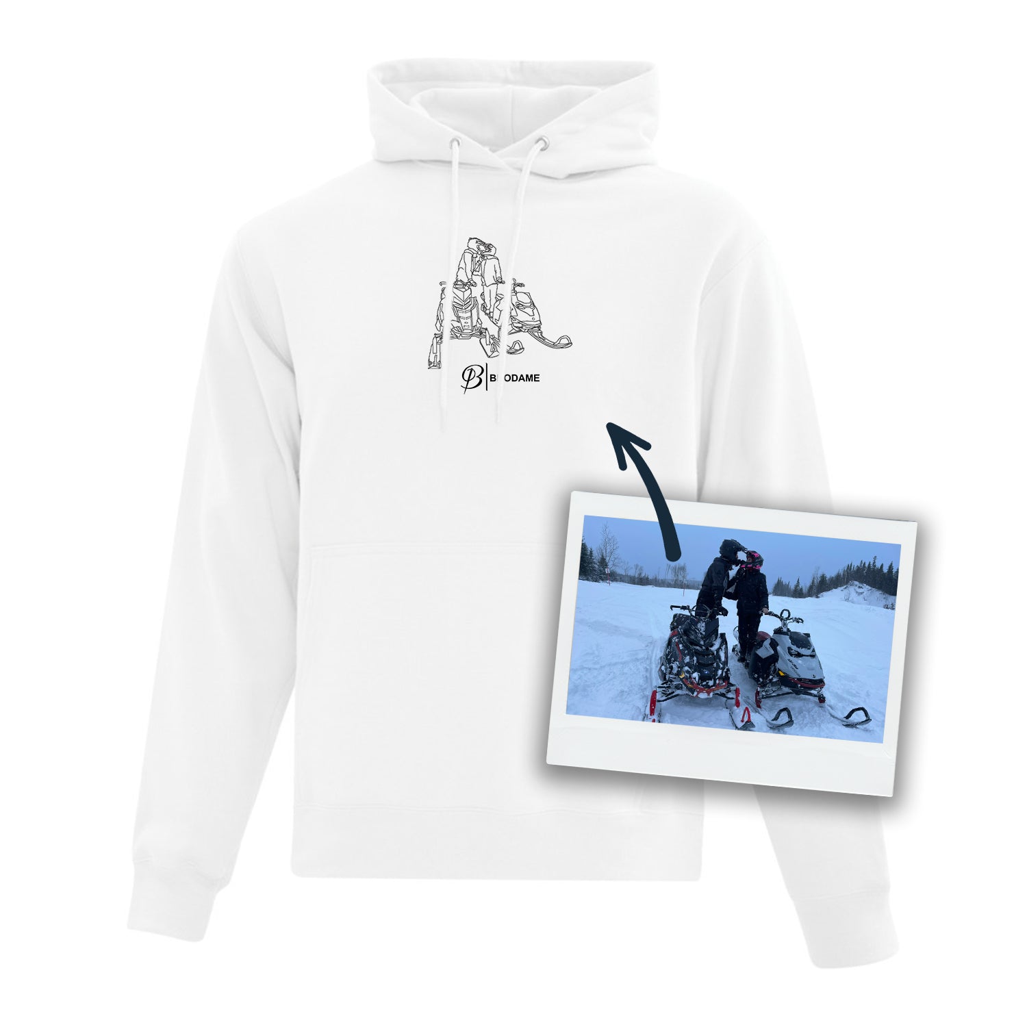 coton ouaté tracé dessin de silhouette à partir d'une photo hoodie blanc avant après résultat broderie