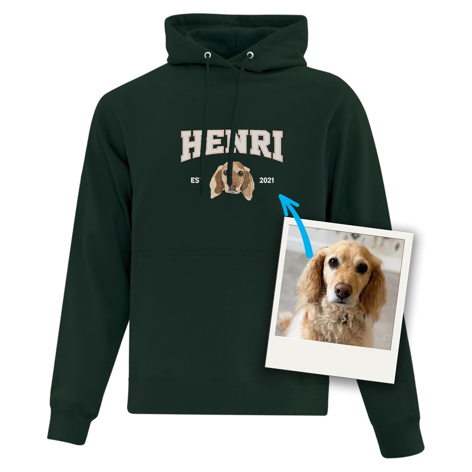 coton ouaté à capuchon vert forêt avec broderie personnalisée d'un portrait de chien avec son nom et année de naissance