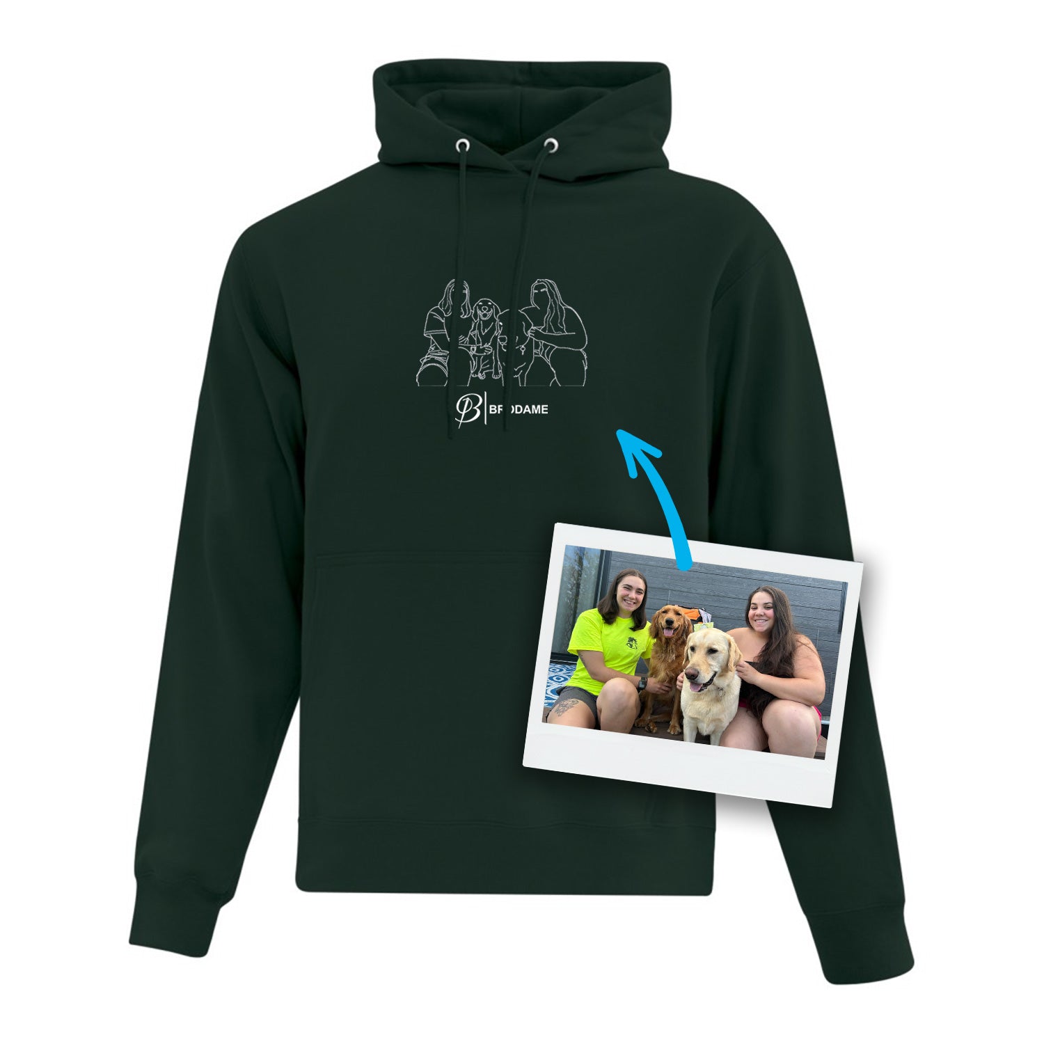 coton ouaté tracé dessin de silhouette à partir d'une photo hoodie vert foret avant après résultat broderie