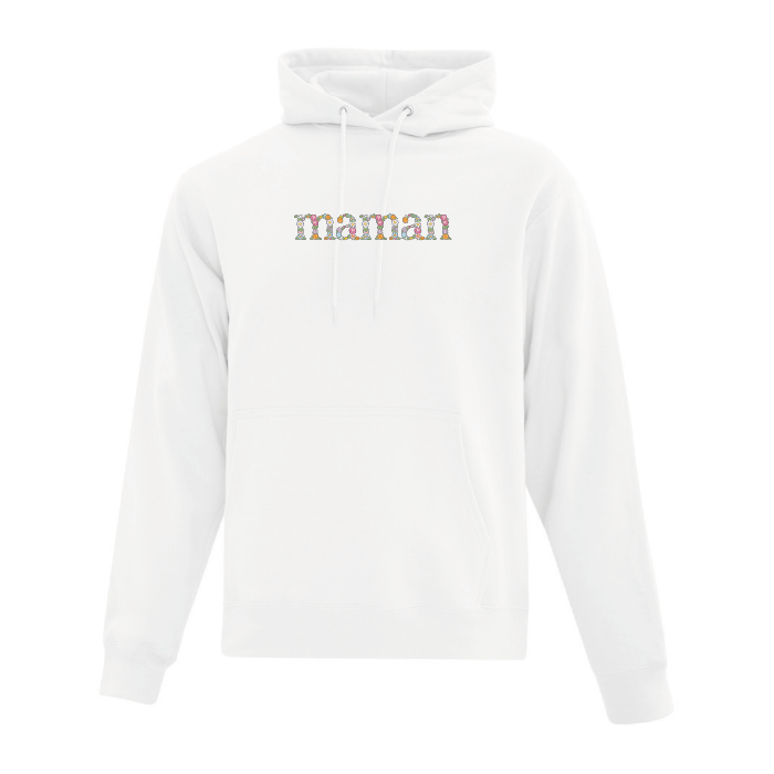 hoodie blanc avec broderie maman à motif de fleurs fête des mères personnalisable