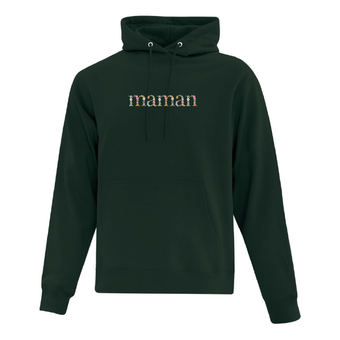 hoodie vert foret avec broderie maman à motif de fleurs fête des mères personnalisable