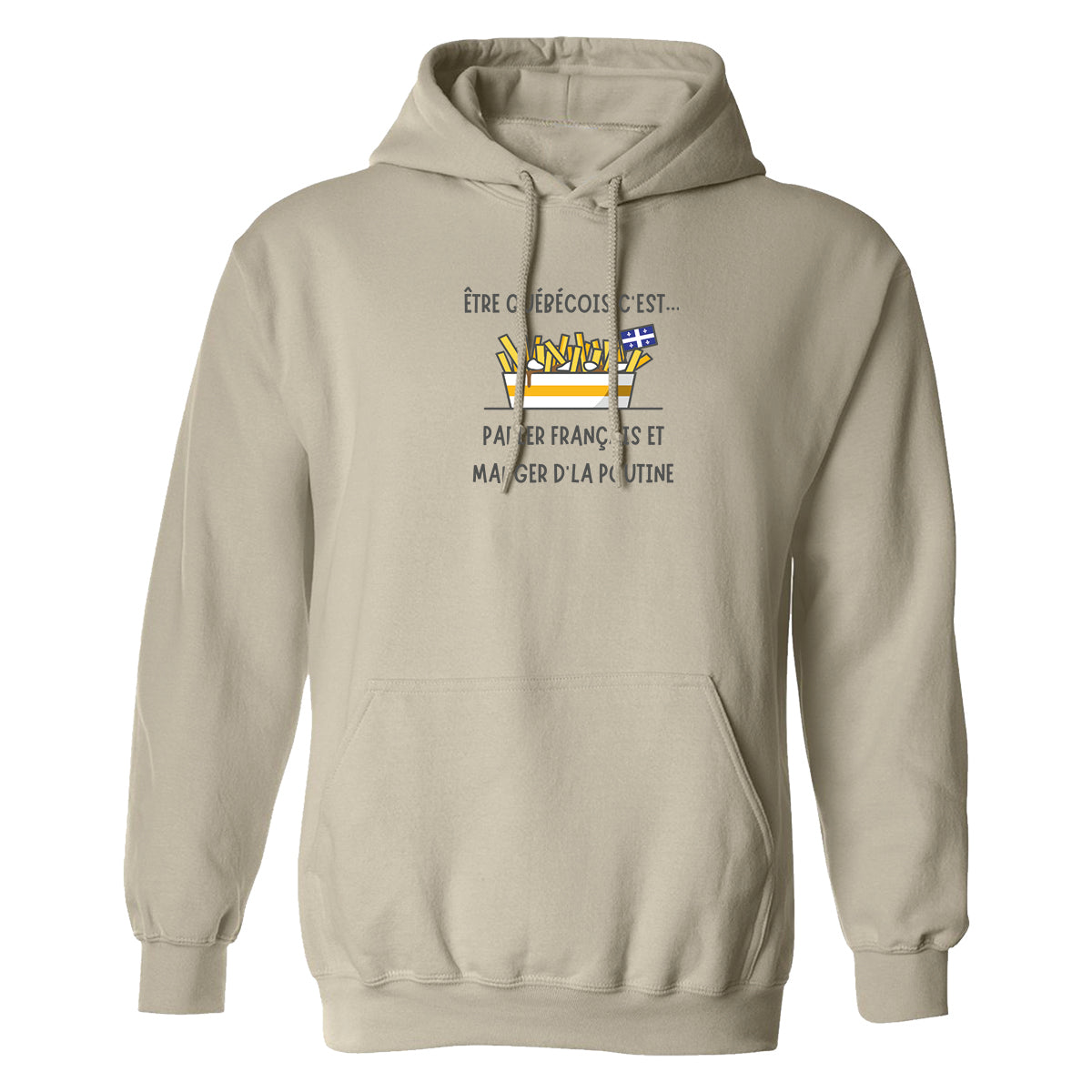 hoodie beige poutine québec imprimé collection exclusive en collaboration avec la société st-jean-baptiste pour promouvoir la langue française