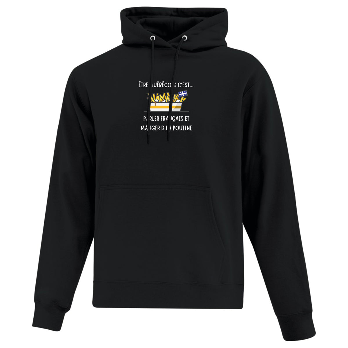 hoodie noir poutine québec imprimé collection exclusive en collaboration avec la société st-jean-baptiste pour promouvoir la langue française