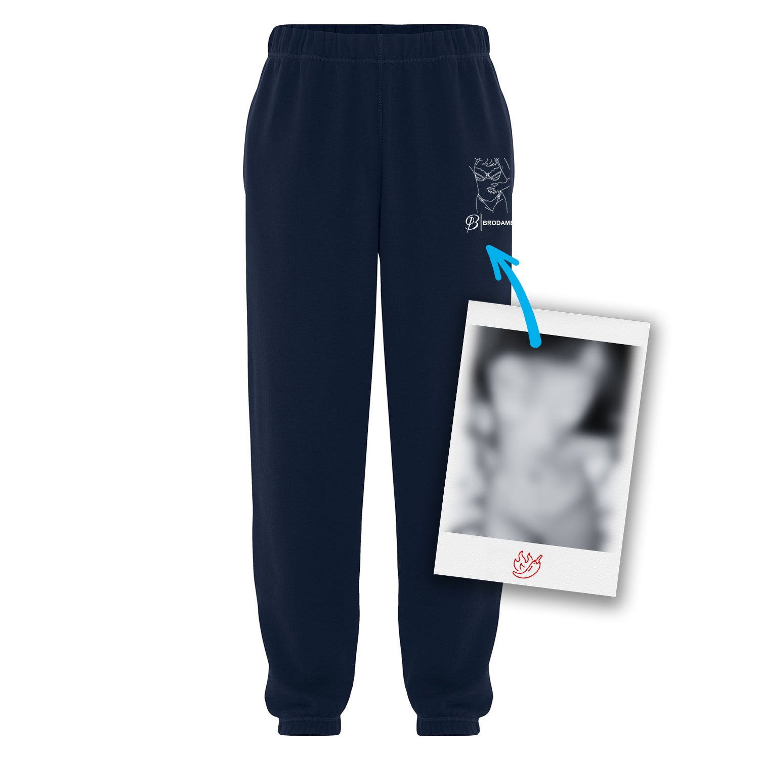 pantalons de jogging bleu marin avec une broderie d'une silhouette coquine sur la poche gauche avec le logo brodame en dessous