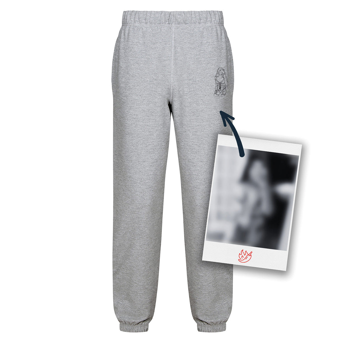 pantalons de jogging gris pâle avec une broderie noire d'une silhouette coquine sur la poche gauche